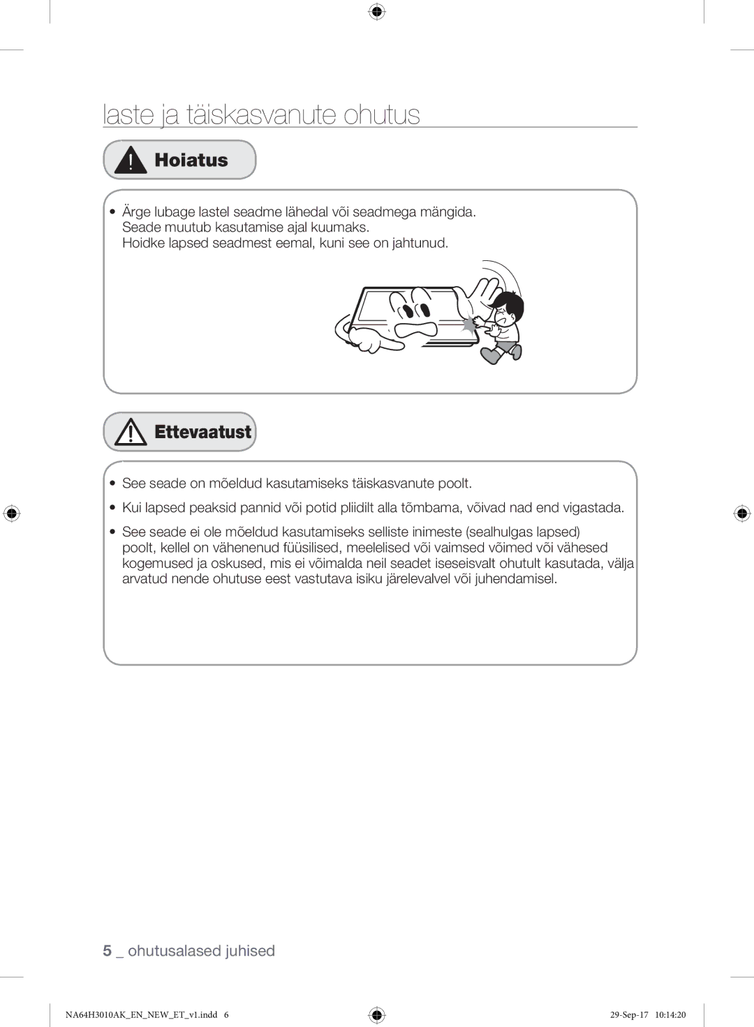 Samsung NA64H3010AS/EO, NA64H3010AK/EO manual Laste ja täiskasvanute ohutus 