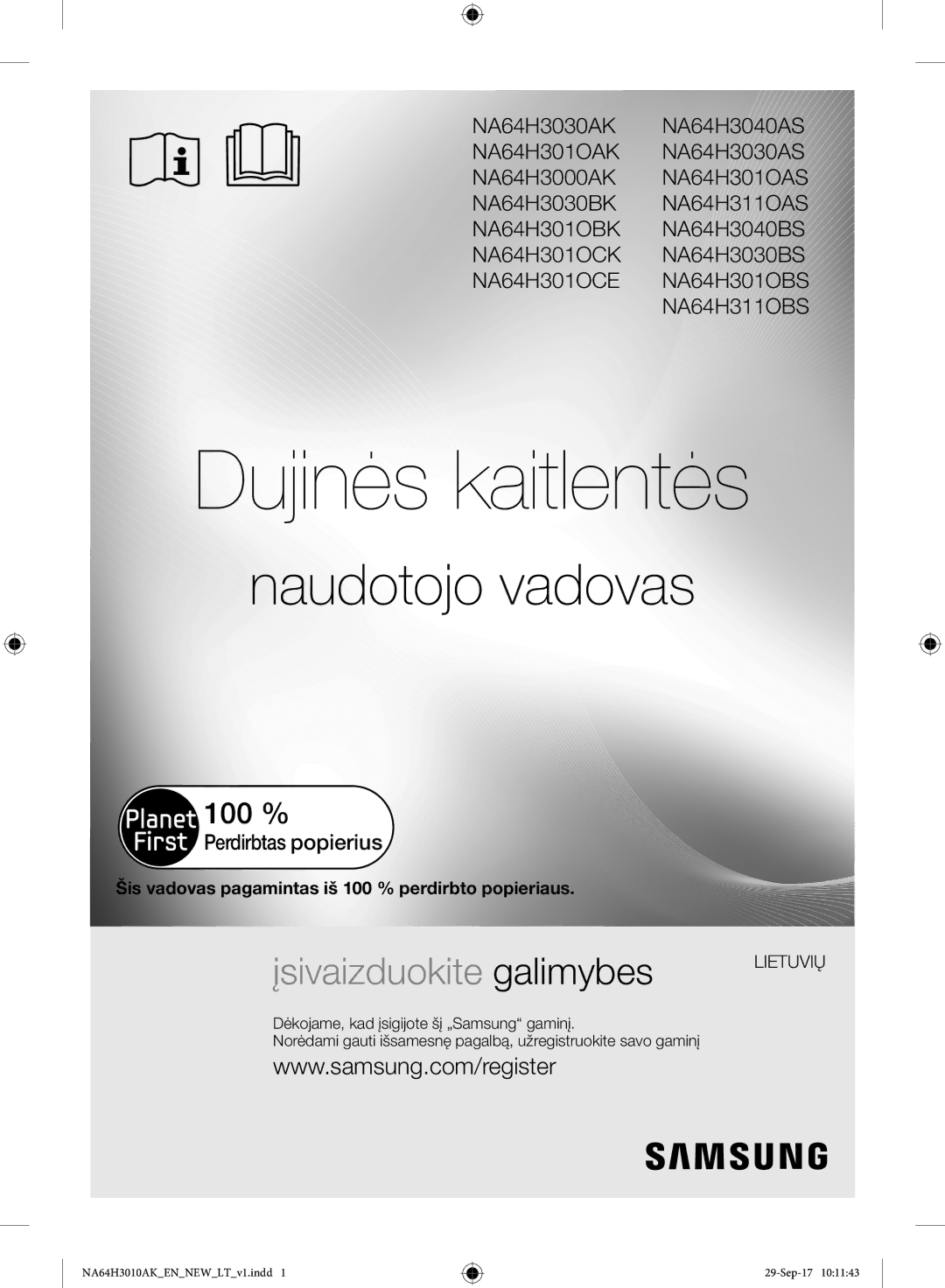 Samsung NA64H3010AK/EO, NA64H3010AS/EO manual Dujinės kaitlentės, Perdirbtas popierius 