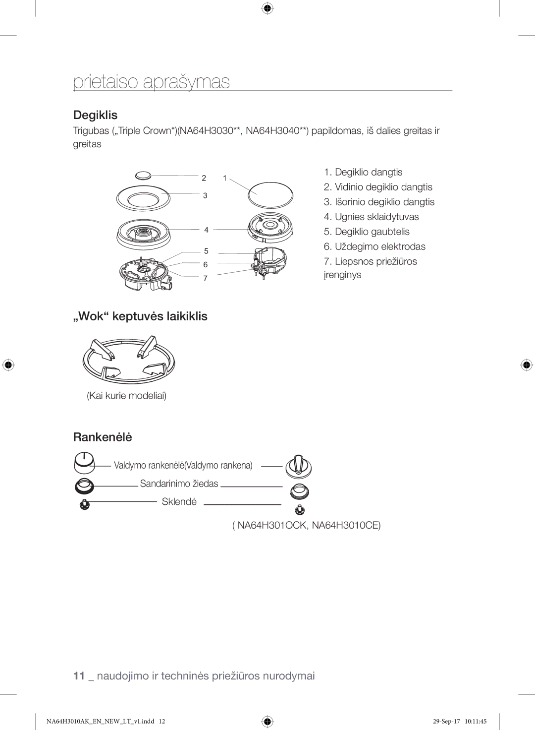 Samsung NA64H3010AS/EO, NA64H3010AK/EO manual Degiklis, „Wok keptuvės laikiklis, Rankenėlė 