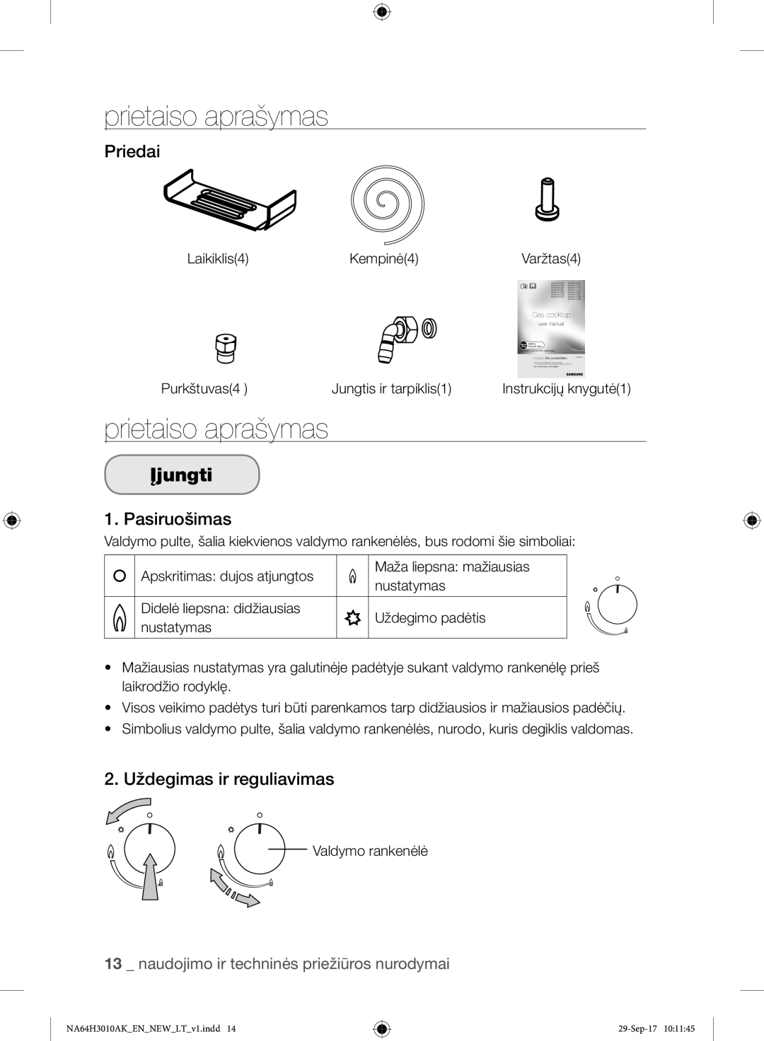 Samsung NA64H3010AS/EO, NA64H3010AK/EO manual Įjungti, Priedai, Pasiruošimas, Uždegimas ir reguliavimas 