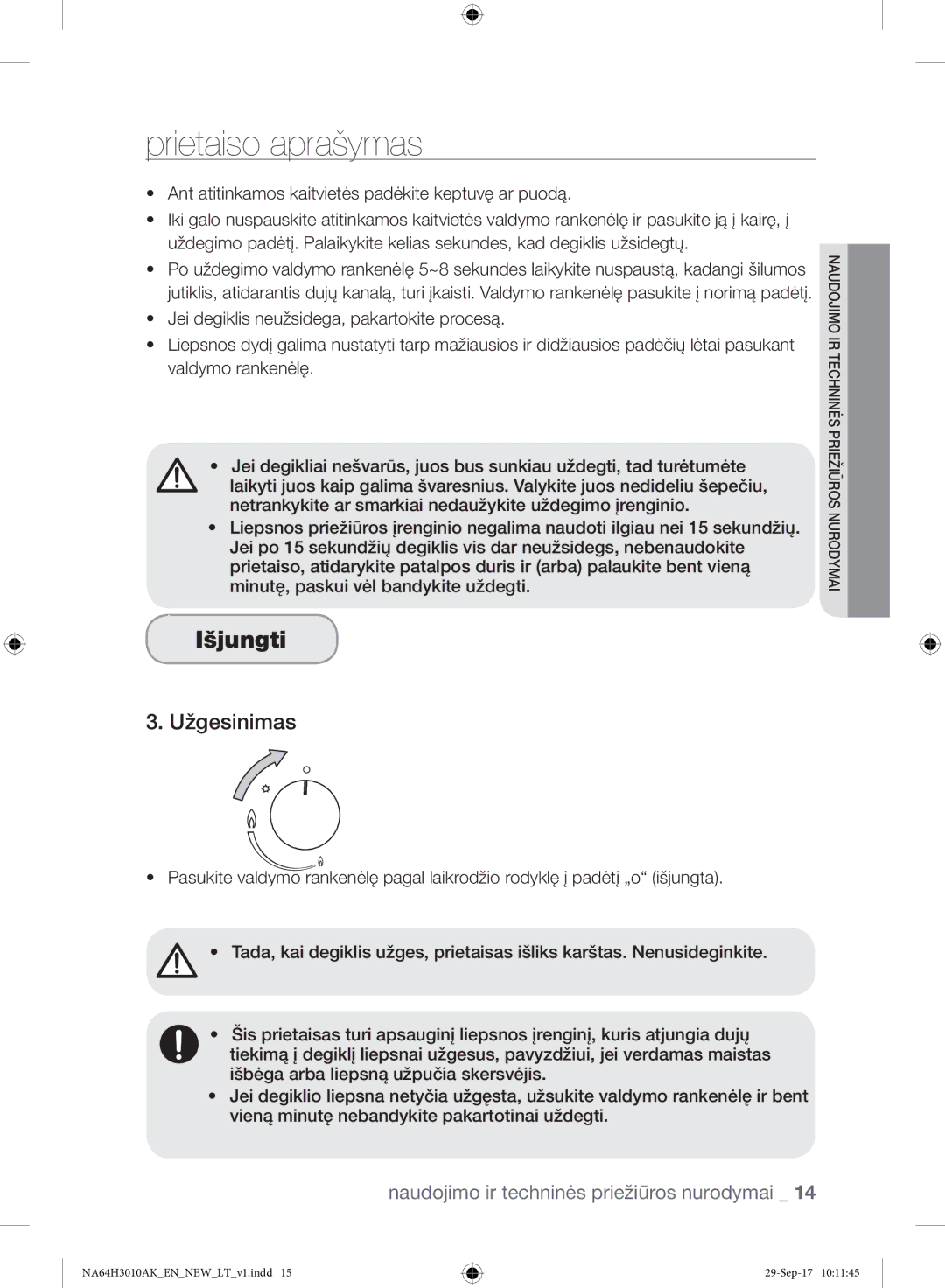 Samsung NA64H3010AK/EO, NA64H3010AS/EO manual Išjungti, Užgesinimas 