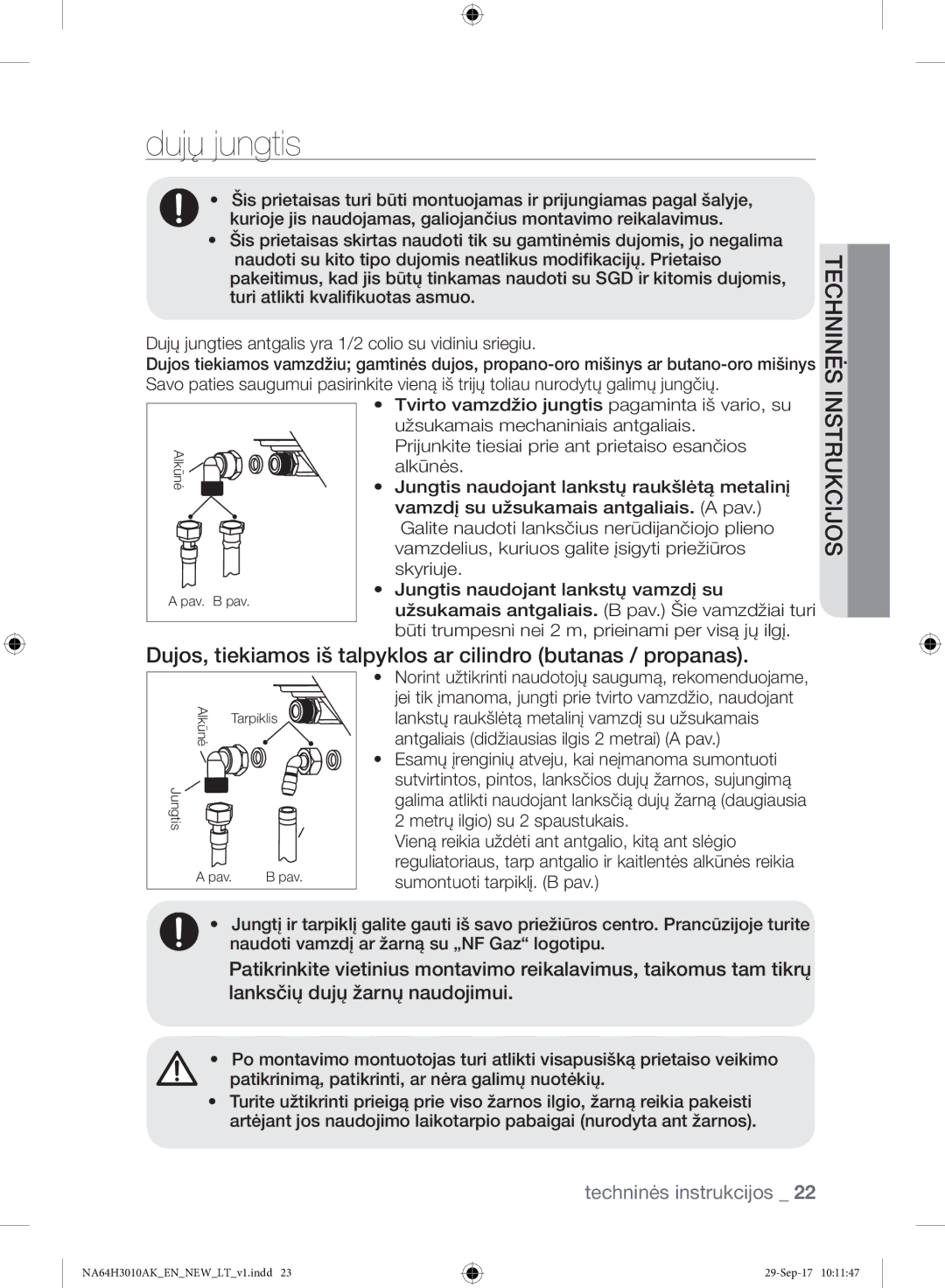 Samsung NA64H3010AK/EO, NA64H3010AS/EO manual Dujų jungtis, Dujos, tiekiamos iš talpyklos ar cilindro butanas / propanas 