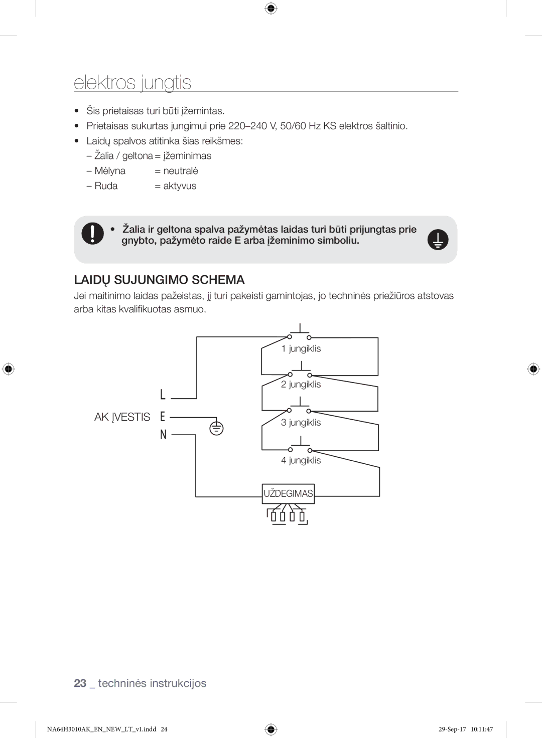 Samsung NA64H3010AS/EO, NA64H3010AK/EO manual Elektros jungtis, Laidų Sujungimo Schema 