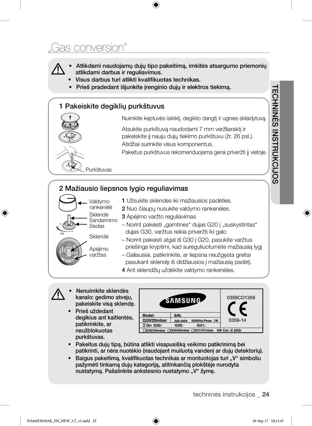 Samsung NA64H3010AK/EO manual „Gas conversion, Pakeiskite degiklių purkštuvus, Mažiausio liepsnos lygio reguliavimas 