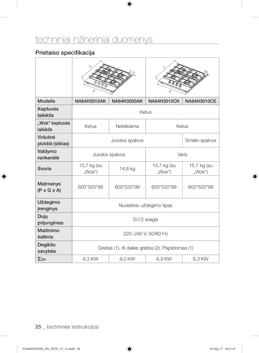 Samsung NA64H3010AS/EO, NA64H3010AK/EO manual Techniniai inžineriniai duomenys, Prietaiso specifikacija 