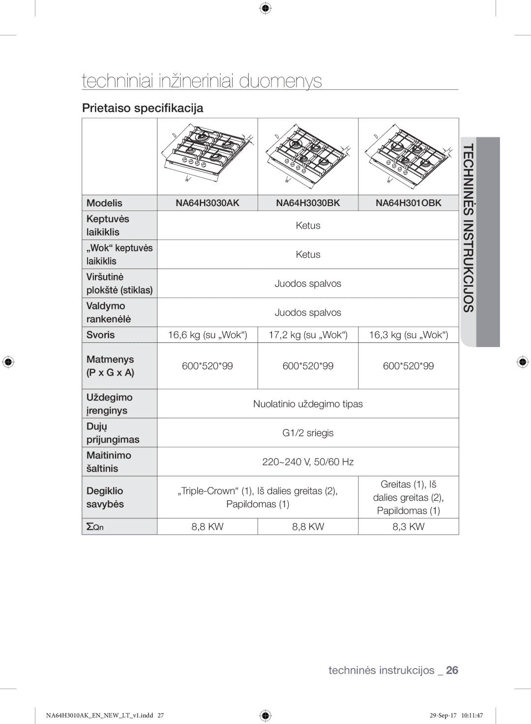 Samsung NA64H3010AK/EO, NA64H3010AS/EO manual Laikiklis Viršutinė, Plokštė stiklas Valdymo, Rankenėlė Svoris 