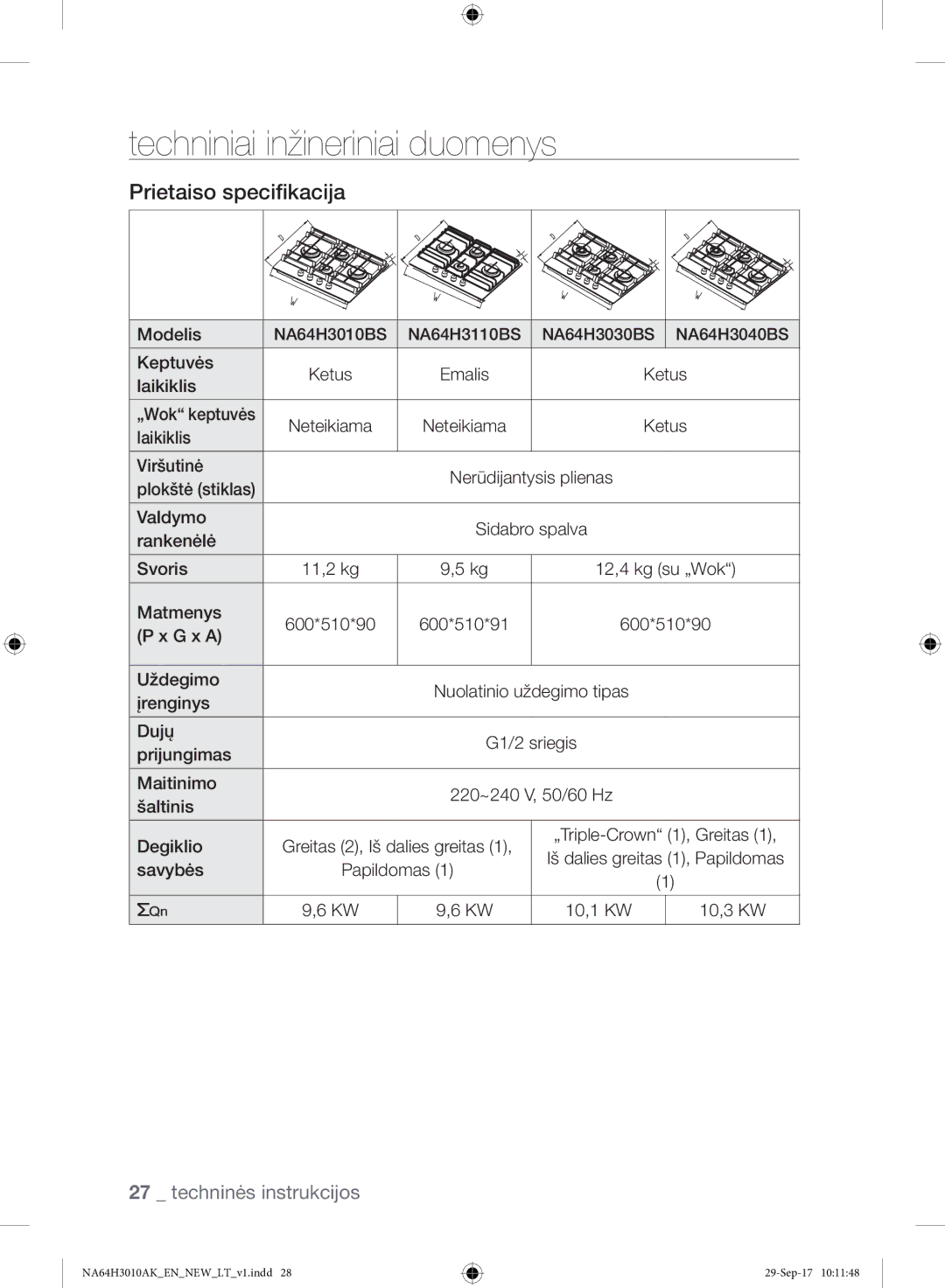 Samsung NA64H3010AS/EO, NA64H3010AK/EO manual Matmenys 600*510*90 600*510*91 G x a Uždegimo 