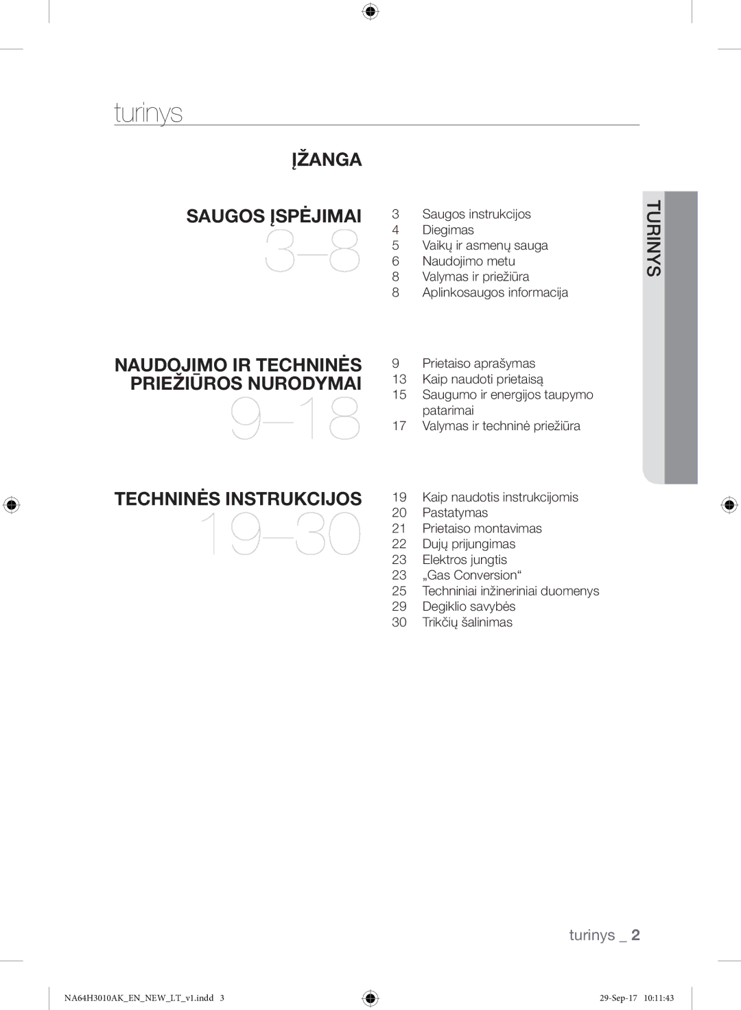 Samsung NA64H3010AK/EO, NA64H3010AS/EO manual 19-30, Turinys 