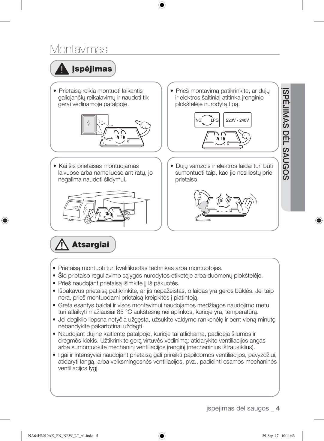 Samsung NA64H3010AK/EO, NA64H3010AS/EO manual Montavimas, Įspėjimas, Atsargiai 