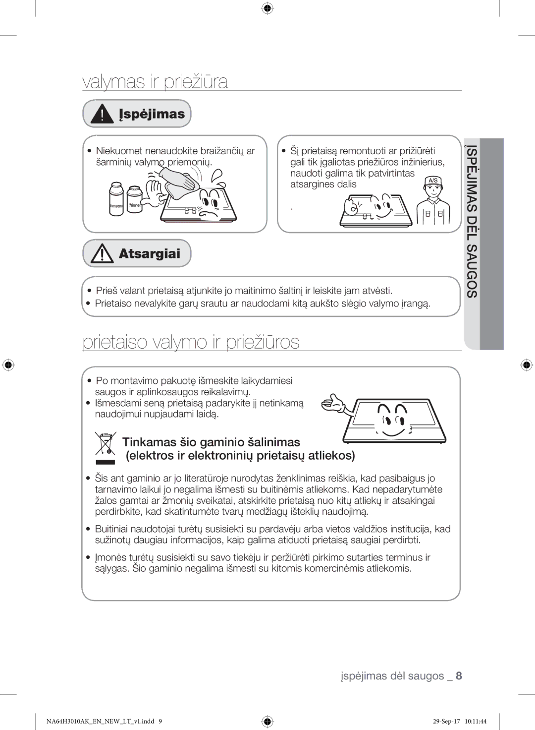 Samsung NA64H3010AK/EO manual Valymas ir priežiūra, Prietaiso valymo ir priežiūros, Naudoti galima tik patvirtintas 