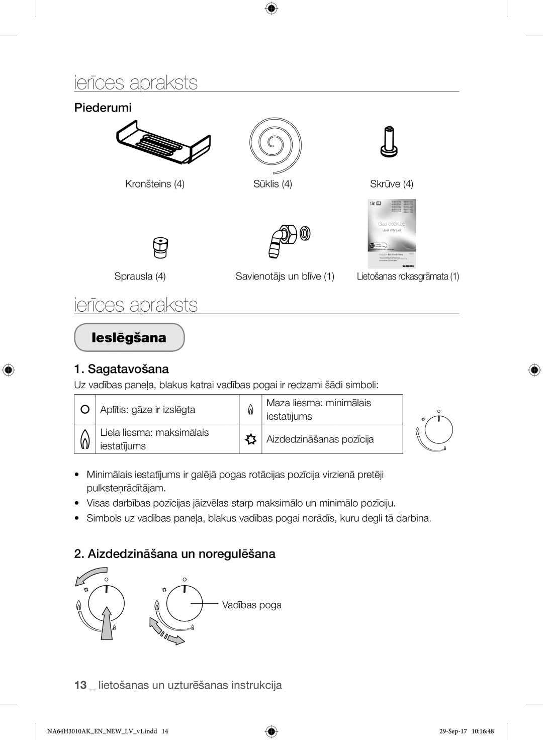 Samsung NA64H3010AS/EO, NA64H3010AK/EO manual Ieslēgšana, Piederumi, Sagatavošana, Aizdedzināšana un noregulēšana 