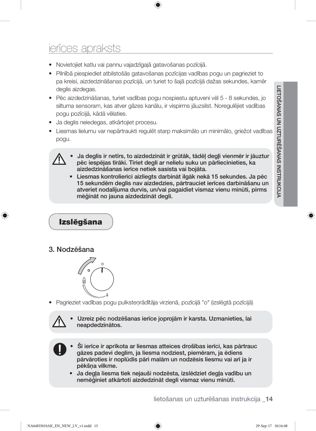 Samsung NA64H3010AK/EO, NA64H3010AS/EO manual Izslēgšana, Nodzēšana 