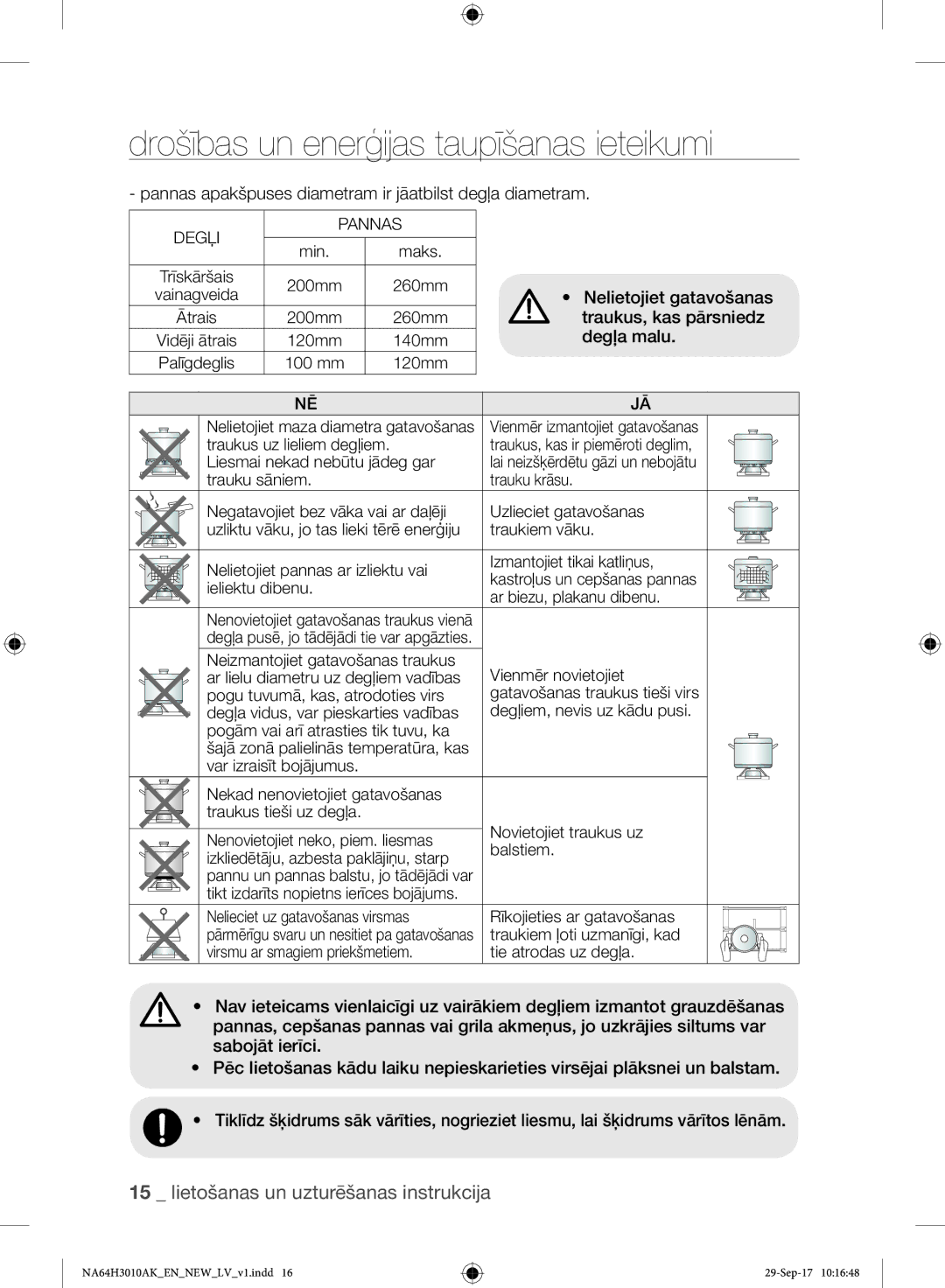 Samsung NA64H3010AS/EO manual Drošības un enerģijas taupīšanas ieteikumi, Nelietojiet gatavošanas, Traukus, kas pārsniedz 