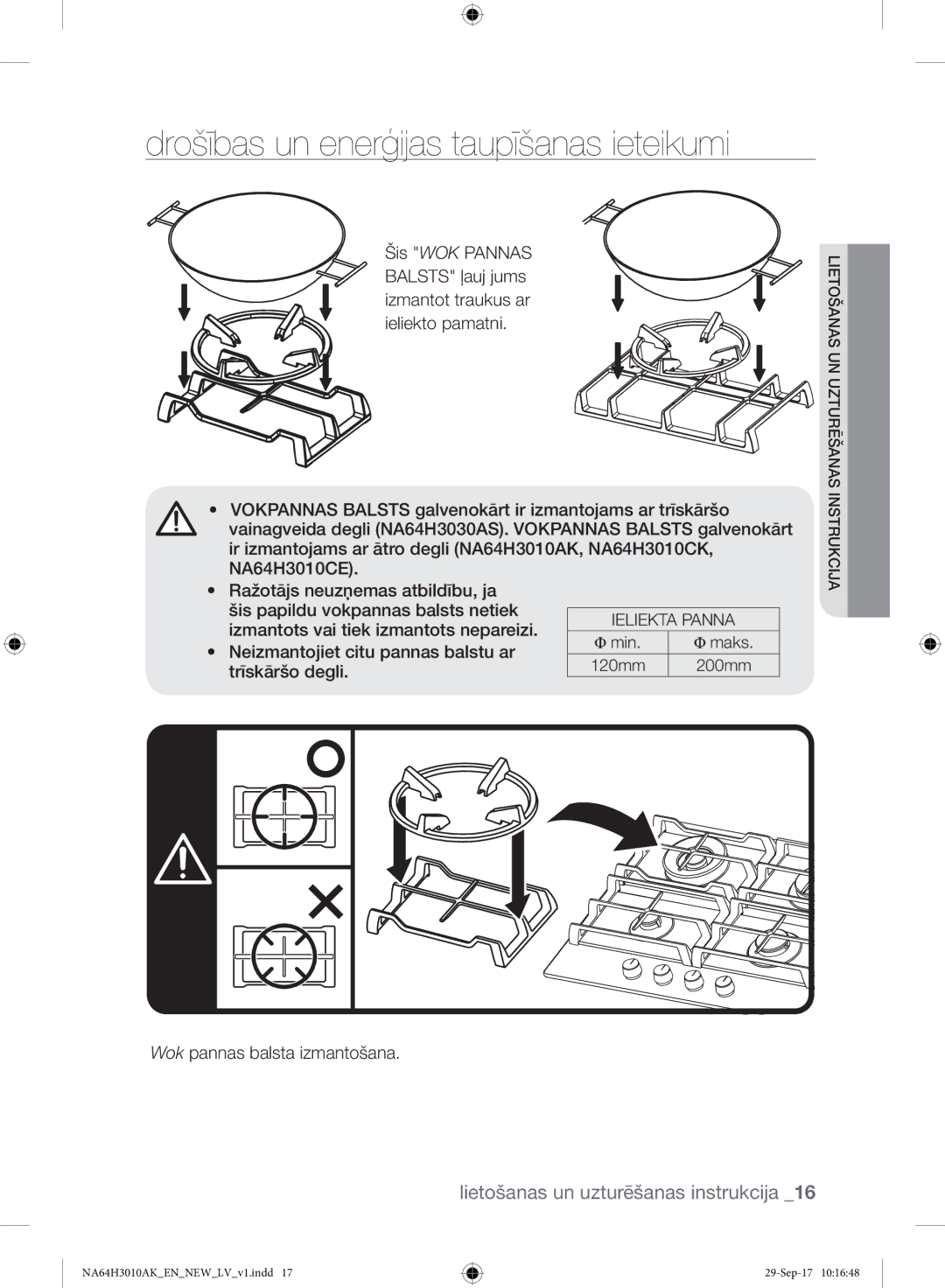 Samsung NA64H3010AK/EO manual Izmantots vai tiek izmantots nepareizi, Neizmantojiet citu pannas balstu ar, Trīskāršo degli 