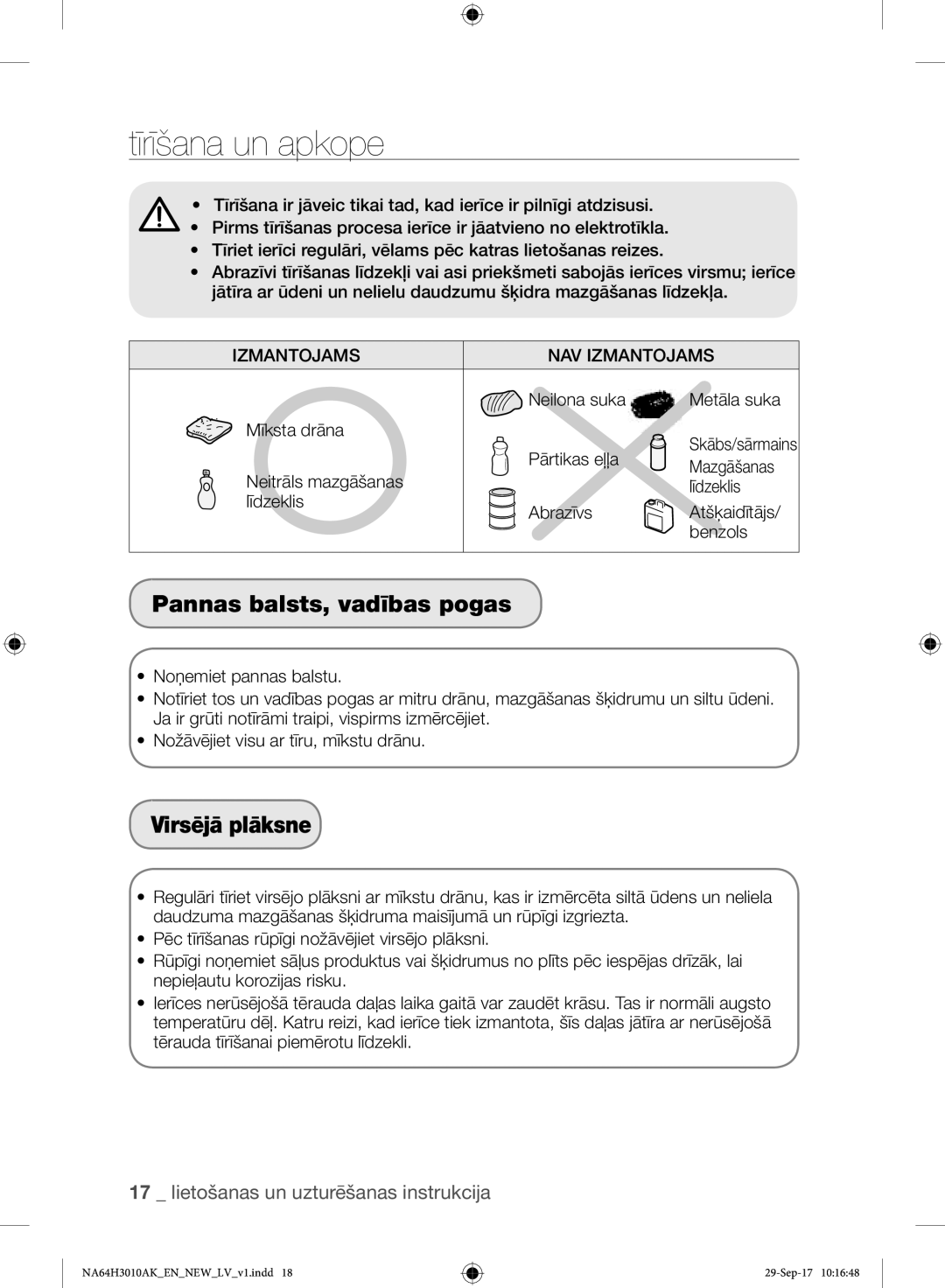 Samsung NA64H3010AS/EO, NA64H3010AK/EO manual Pannas balsts, vadības pogas, Virsējā plāksne 