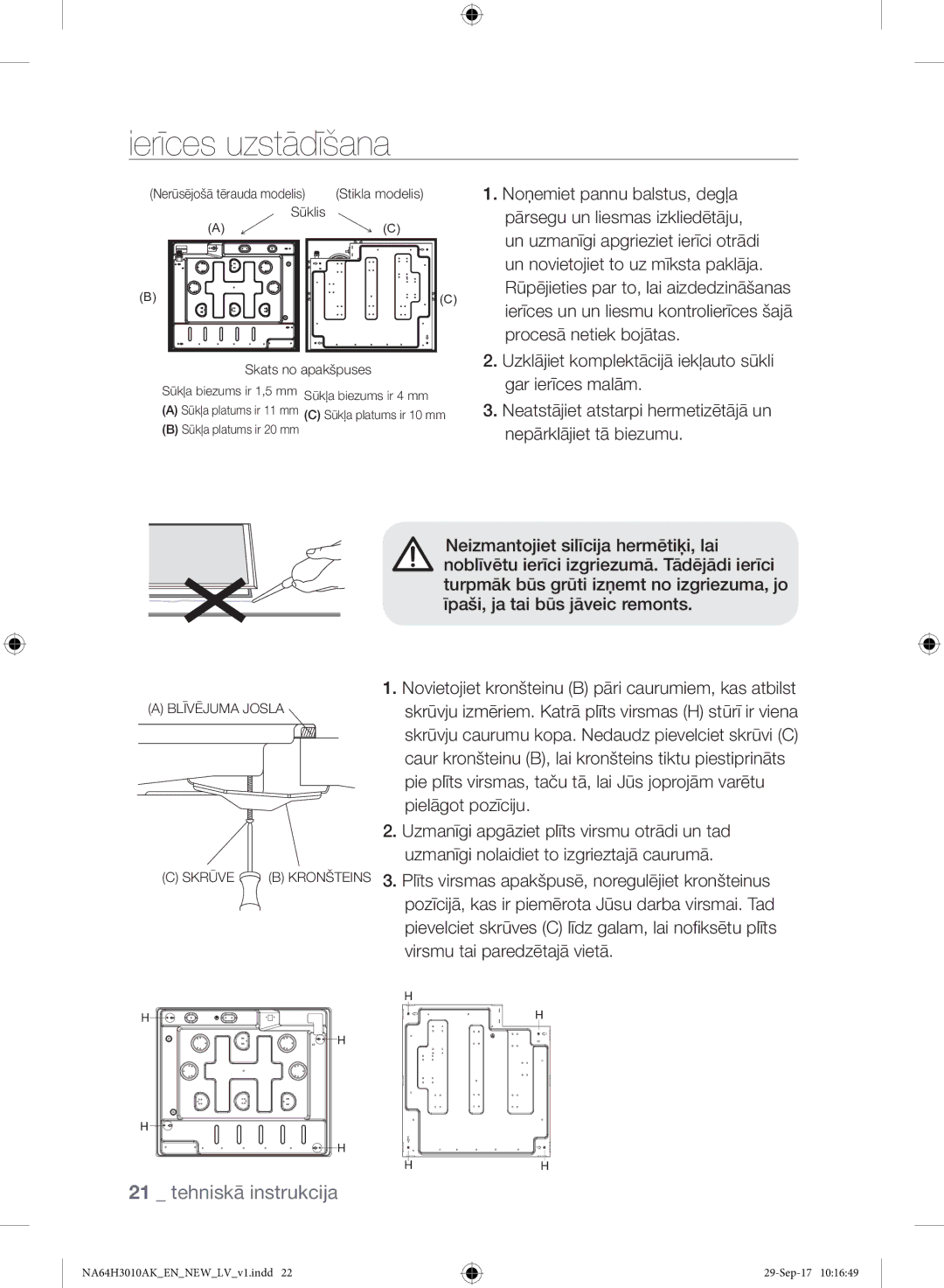 Samsung NA64H3010AS/EO, NA64H3010AK/EO manual Ierīces uzstādīšana, Noņemiet pannu balstus, degļa 