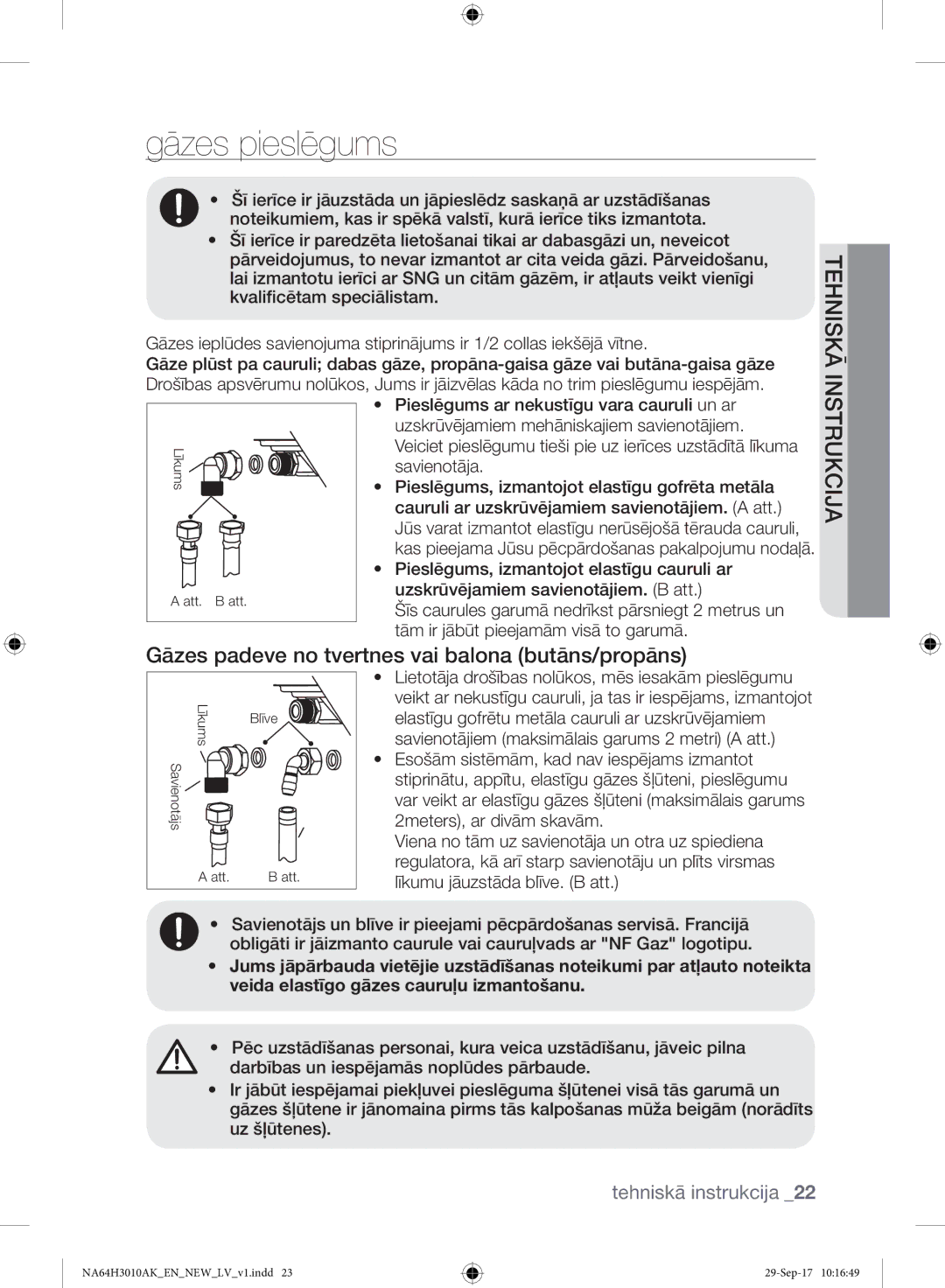 Samsung NA64H3010AK/EO, NA64H3010AS/EO manual Gāzes pieslēgums, Gāzes padeve no tvertnes vai balona butāns/propāns 