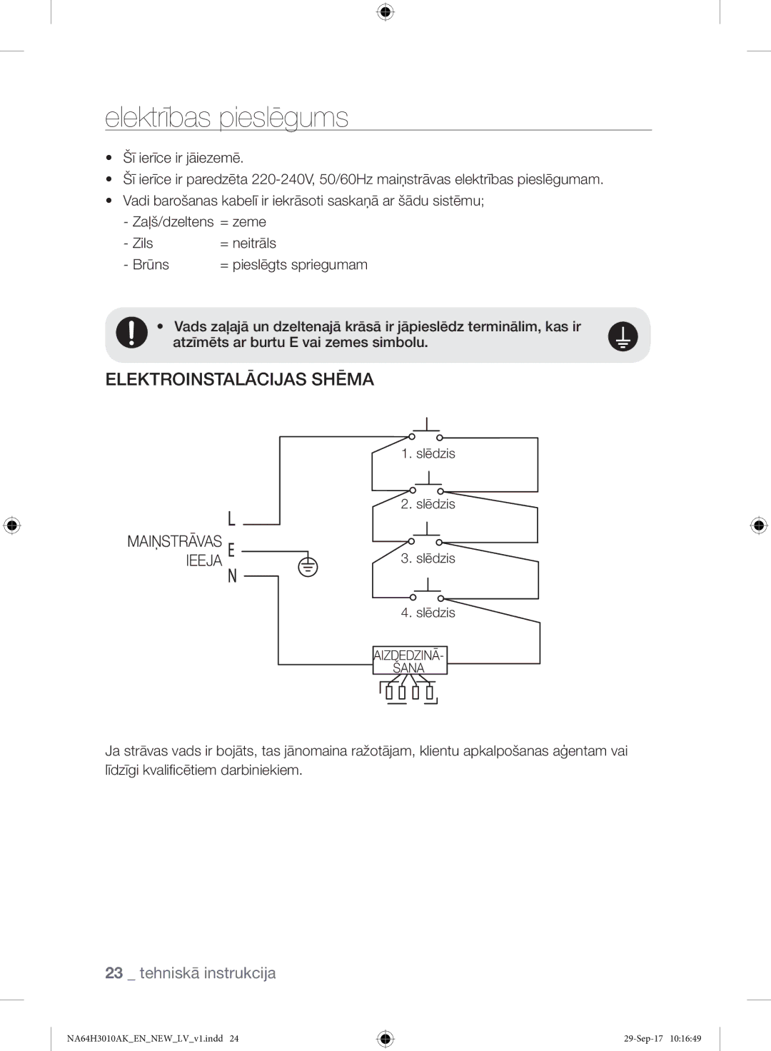 Samsung NA64H3010AS/EO, NA64H3010AK/EO manual Elektrības pieslēgums, Elektroinstalācijas Shēma 