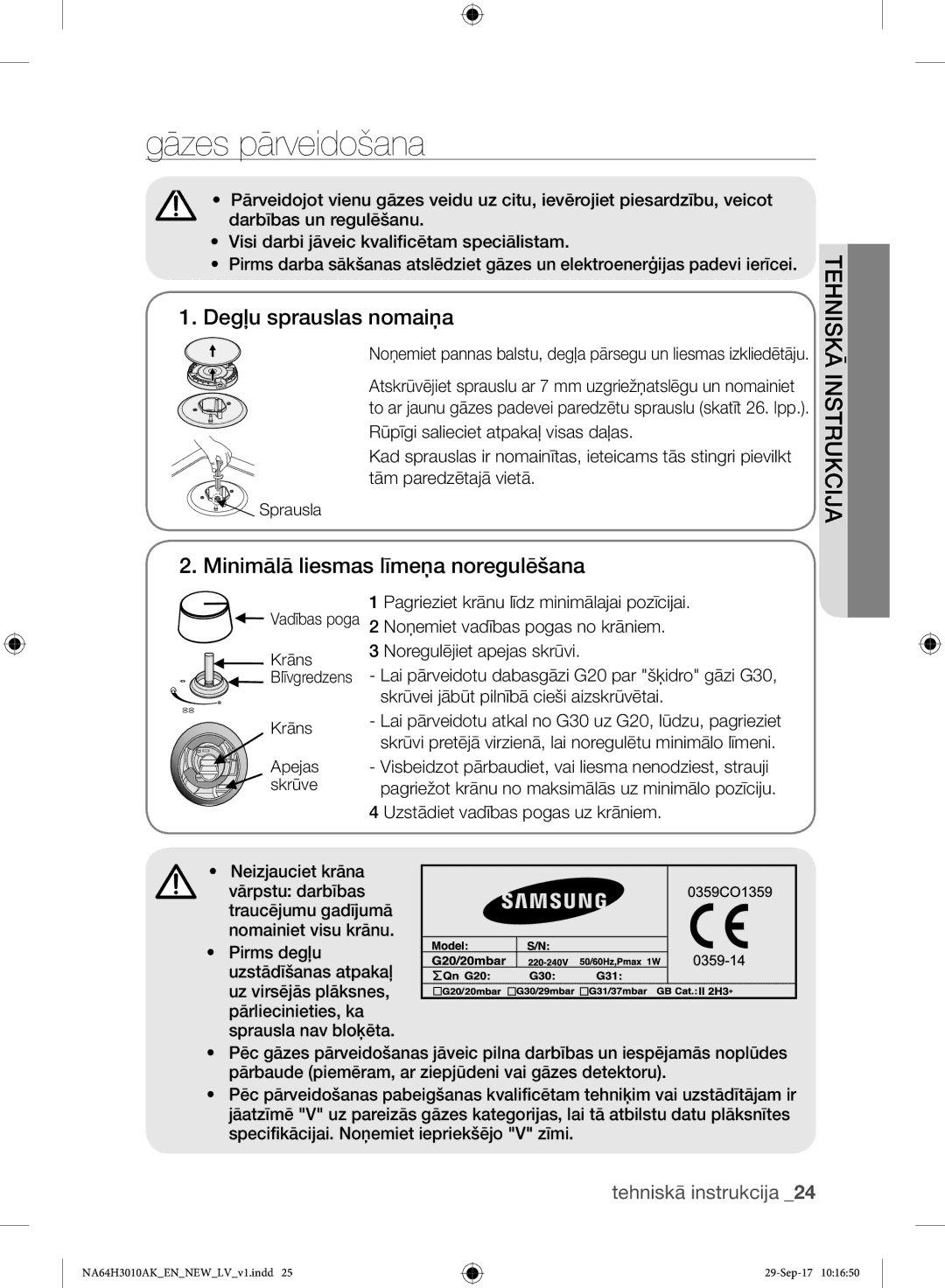 Samsung NA64H3010AK/EO, NA64H3010AS/EO manual Gāzes pārveidošana, Degļu sprauslas nomaiņa 