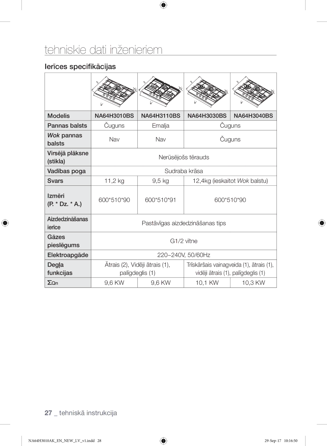 Samsung NA64H3010AS/EO Pannas balsts Čuguns, Wok pannas Nav, Stikla Vadības poga, Svars 11,2 kg, Funkcijas Palīgdeglis 