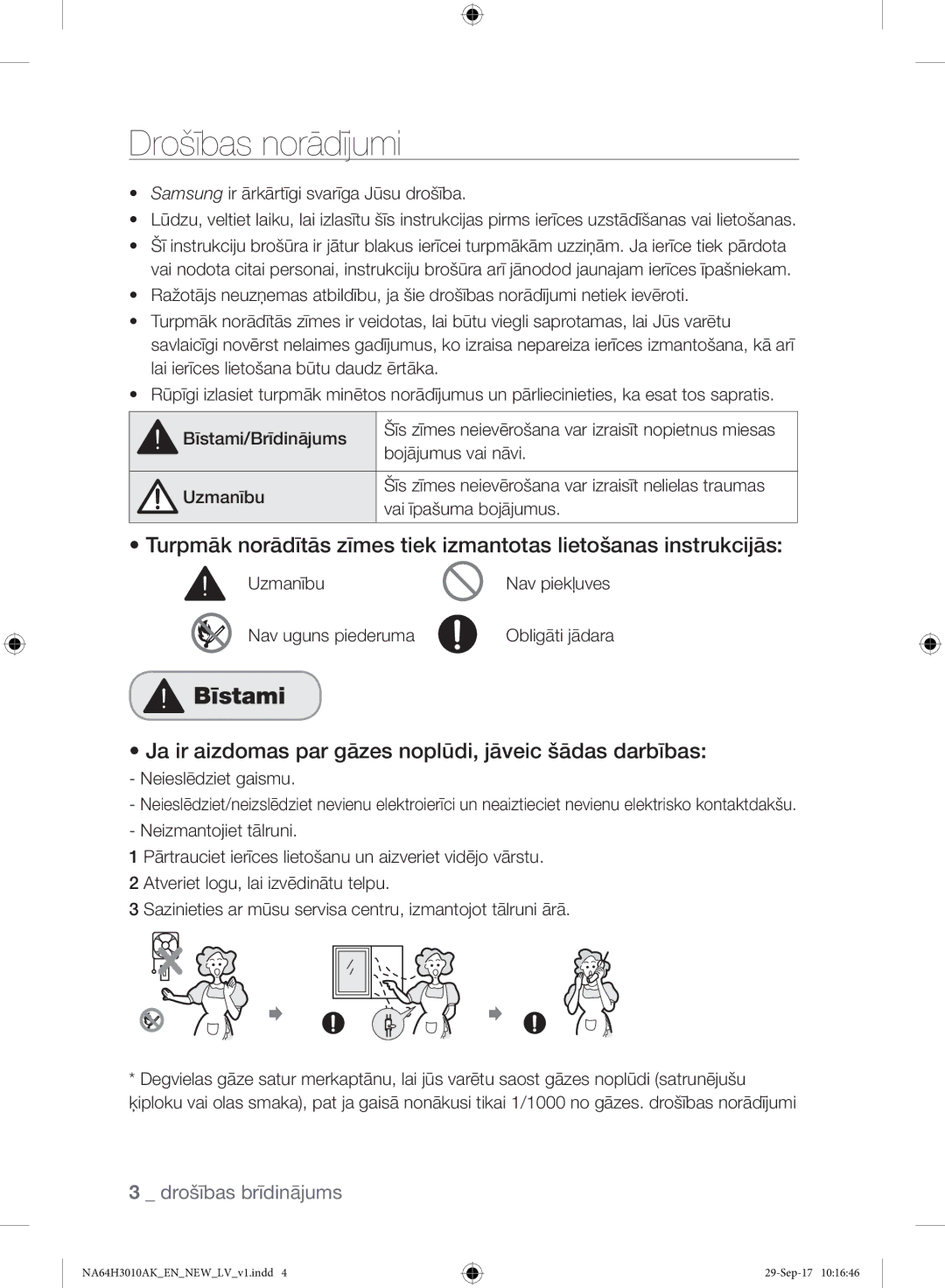 Samsung NA64H3010AS/EO manual Drošības norādījumi, Bīstami, Ja ir aizdomas par gāzes noplūdi, jāveic šādas darbības 