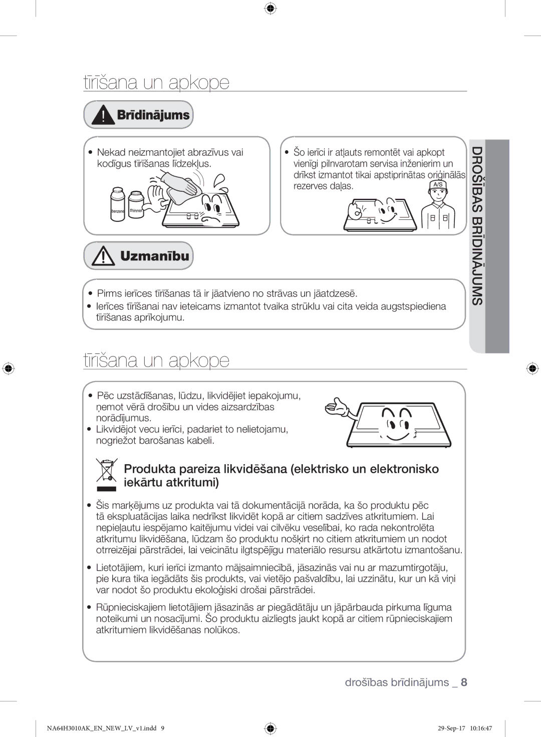 Samsung NA64H3010AK/EO, NA64H3010AS/EO manual Tīrīšana un apkope, Rezerves daļas 