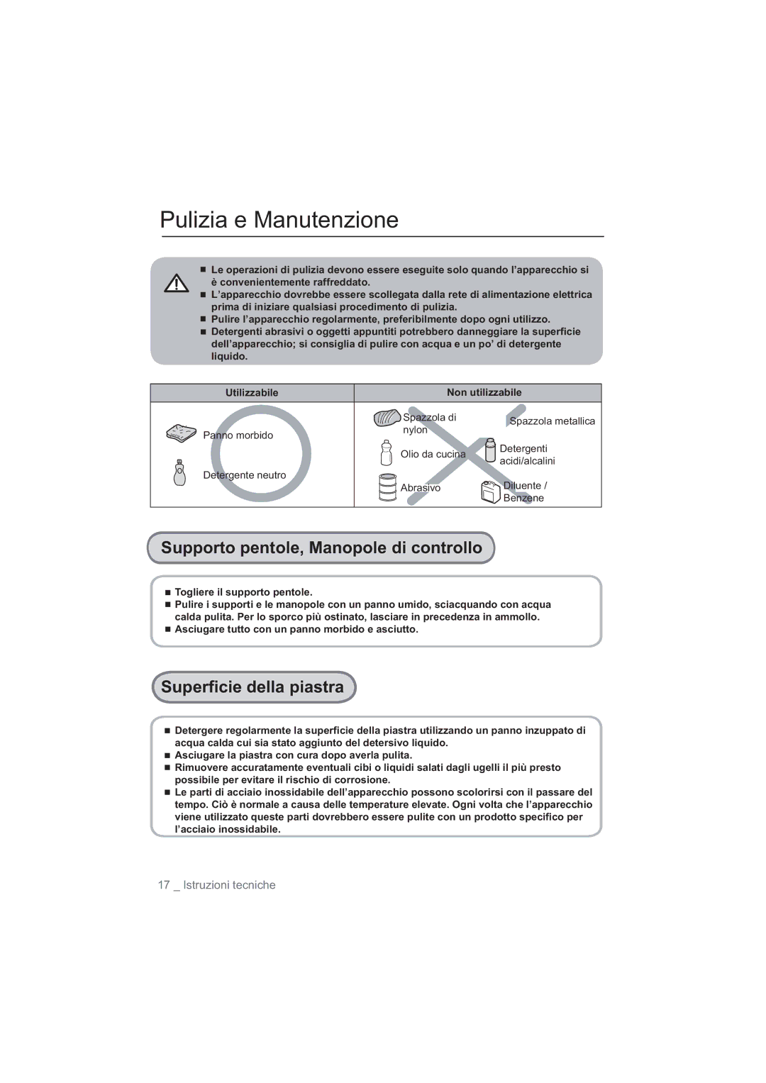 Samsung NA64H3110BS/ET, NA64H3010AS/ET, NA64H3010BS/ET manual Pulizia e Manutenzione, Supporto pentole, Manopole di controllo 