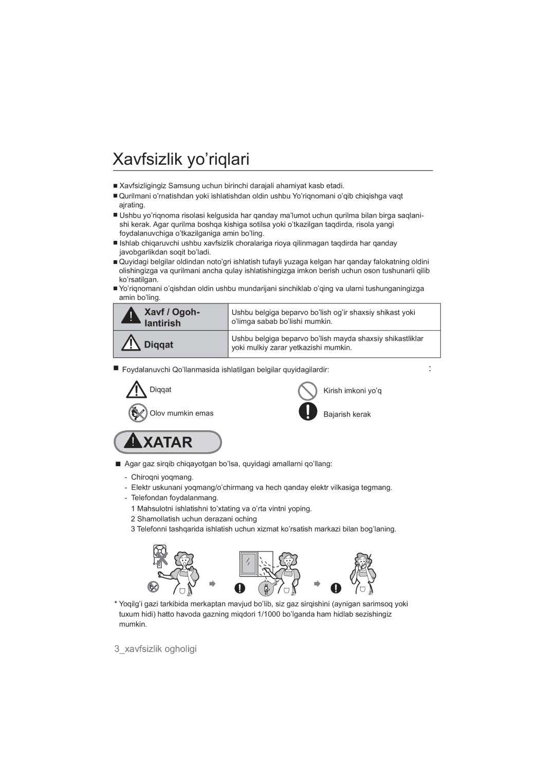 Samsung NA64H3010BS/WT, NA64H3010CK/WT Xavfsizlik yo’riqlari, Ushbu belgiga beparvo bo’lish og’ir shaxsiy shikast yoki 