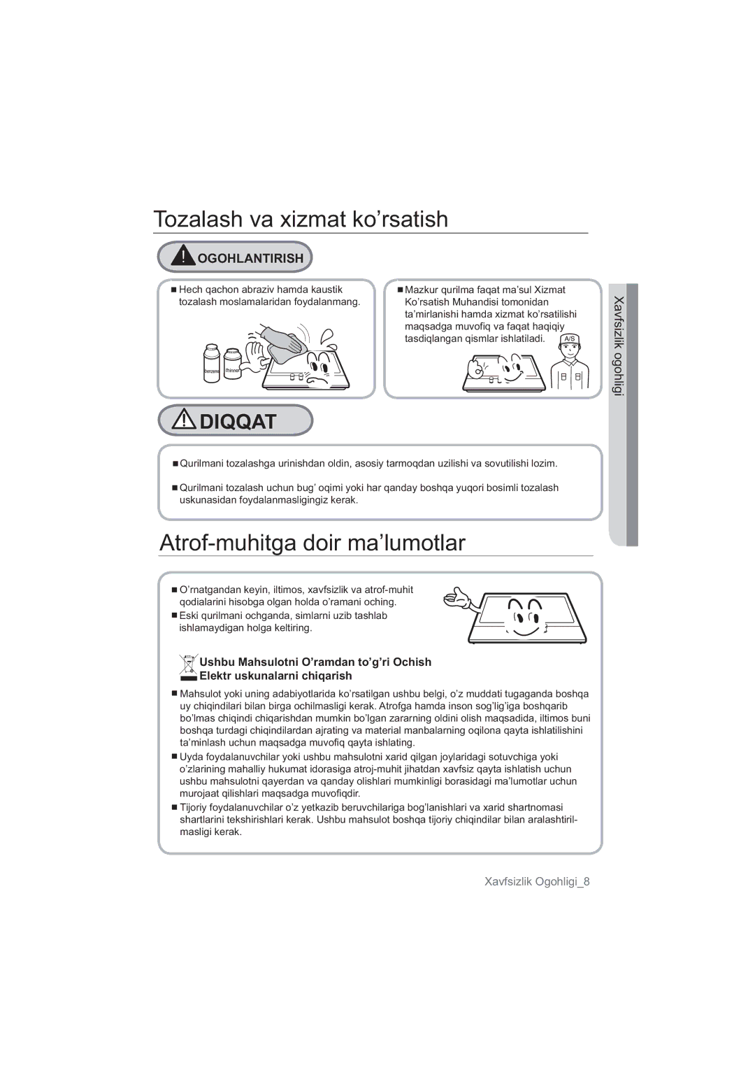 Samsung NA64H3000AK/WT, NA64H3010BS/WT, NA64H3010CK/WT manual Tozalash va xizmat ko’rsatish, Atrof-muhitga doir ma’lumotlar 