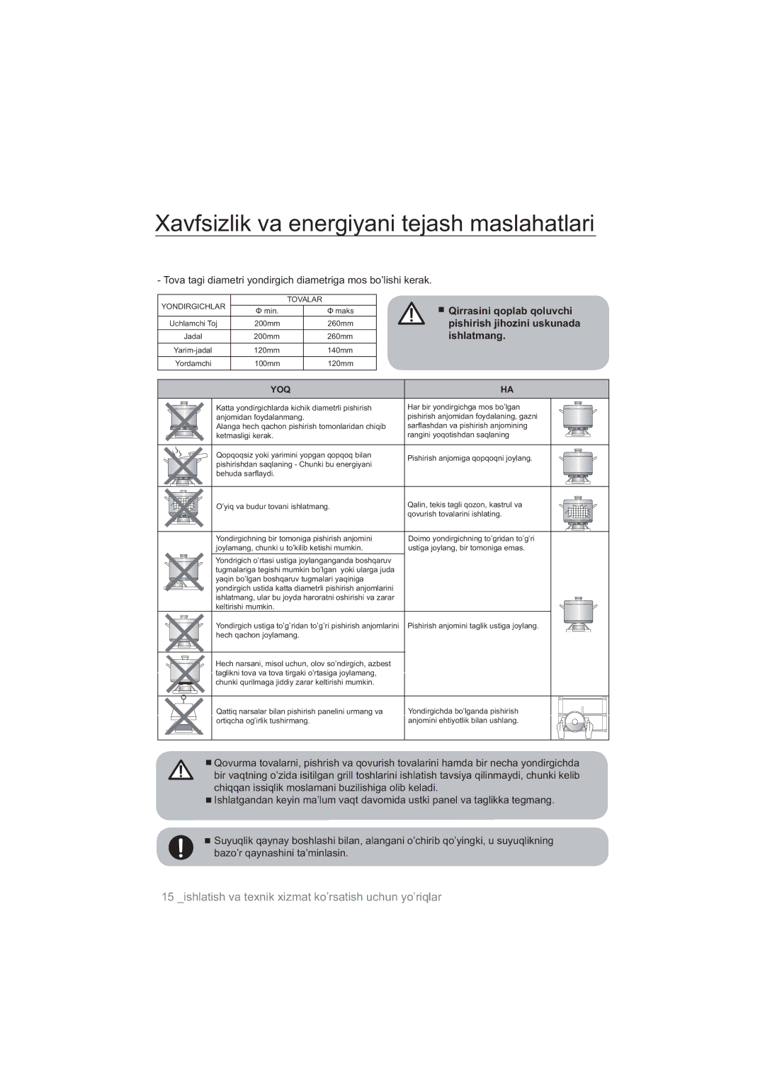 Samsung NA64H3030AS/WT, NA64H3010BS/WT, NA64H3010CK/WT, NA64H3110BS/WT manual Xavfsizlik va energiyani tejash maslahatlari 