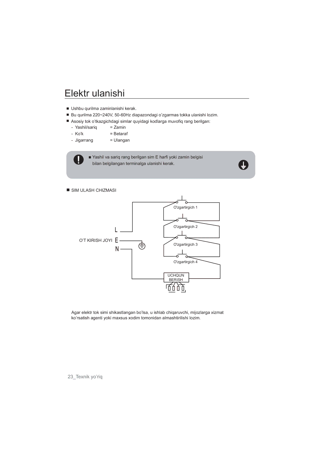 Samsung NA64H3010BS/WT, NA64H3010CK/WT, NA64H3030AS/WT, NA64H3110BS/WT, NA64H3010BK/WT manual Elektr ulanishi, ’T Kirish Joyi E 