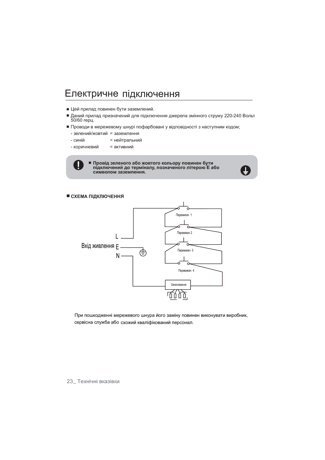 Samsung NA64H3010AS/WT, NA64H3010BS/WT, NA64H3010CK/WT, NA64H3030AS/WT manual Ȿɥɟɤɬɪɢɱɧɟ ɩɿɞɤɥɸɱɟɧɧɹ, Ȼɯɿɞɠɢɜɥɟɧɧɹ E 