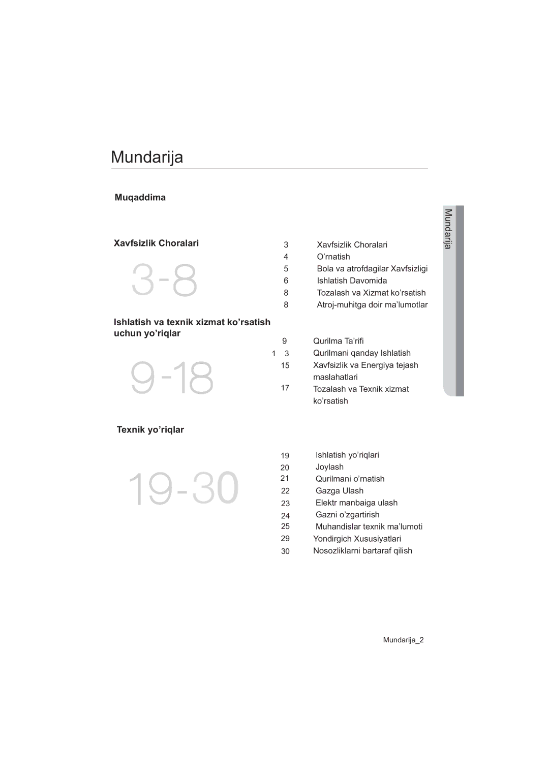 Samsung NA64H3030BS/WT, NA64H3010BS/WT, NA64H3010CK/WT, NA64H3030AS/WT, NA64H3110BS/WT, NA64H3010BK/WT manual Mundarija 