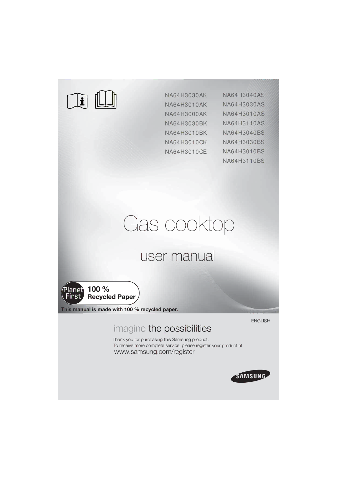 Samsung NA64H3010CK/WT, NA64H3010BS/WT, NA64H3030AS/WT, NA64H3110BS/WT, NA64H3010BK/WT manual Gas cooktop, English 