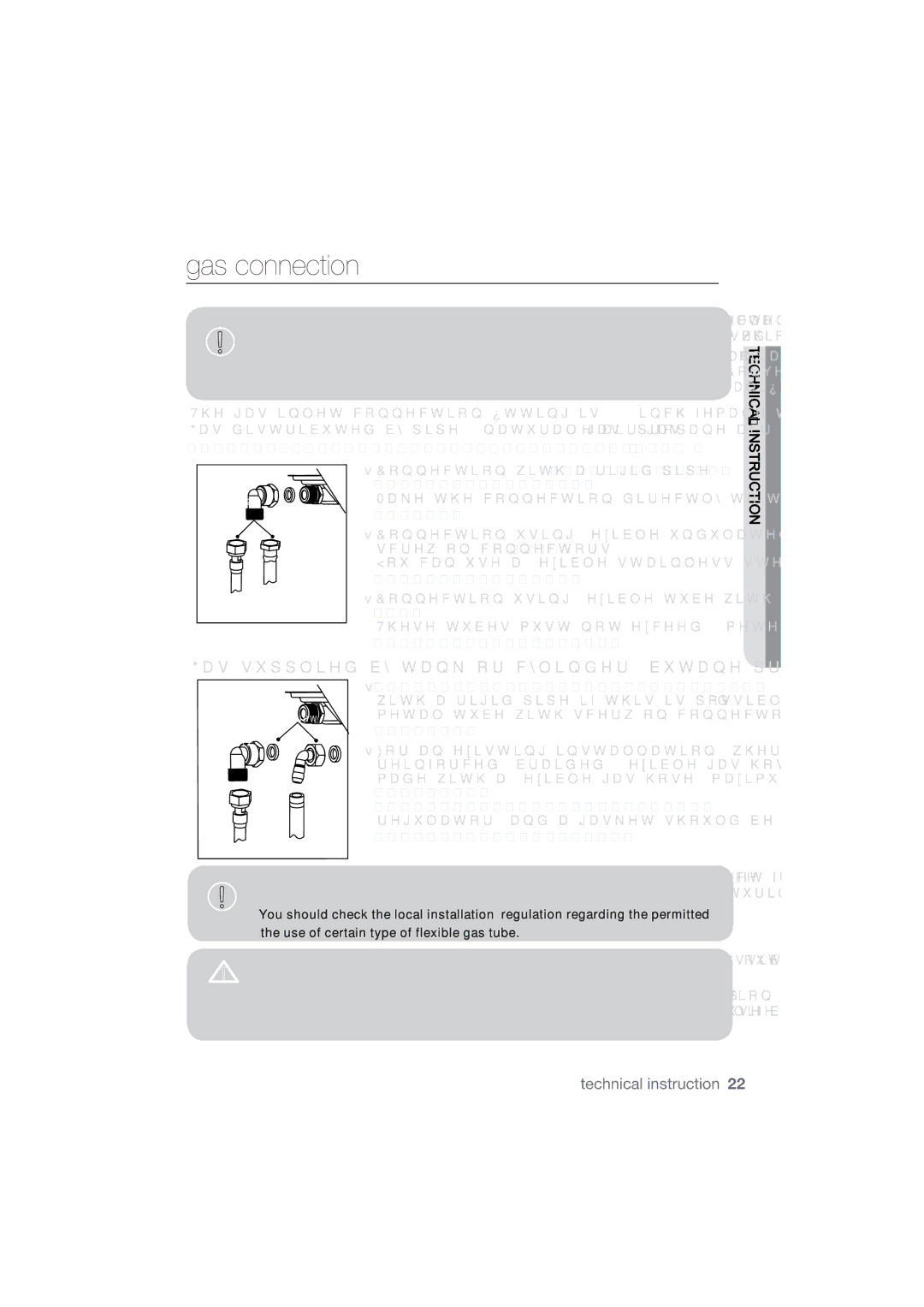 Samsung NA64H3110BS/WT, NA64H3010BS/WT manual Gas connection, RwkhuJdvhvPxvwRqo\EhXqghuwdnhqE\DTxdol¿HgShuvrq 