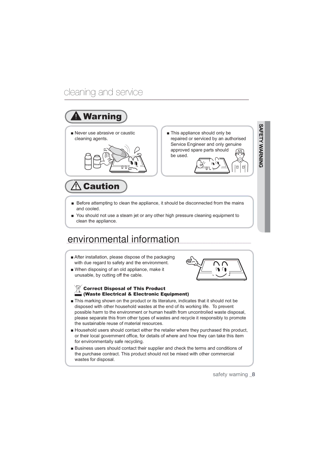 Samsung NA64H3030BS/WT, NA64H3010BS/WT Cleaning and service, Environmental information, 1HYHUXVHDEUDVLYHRUFDXVWLF 