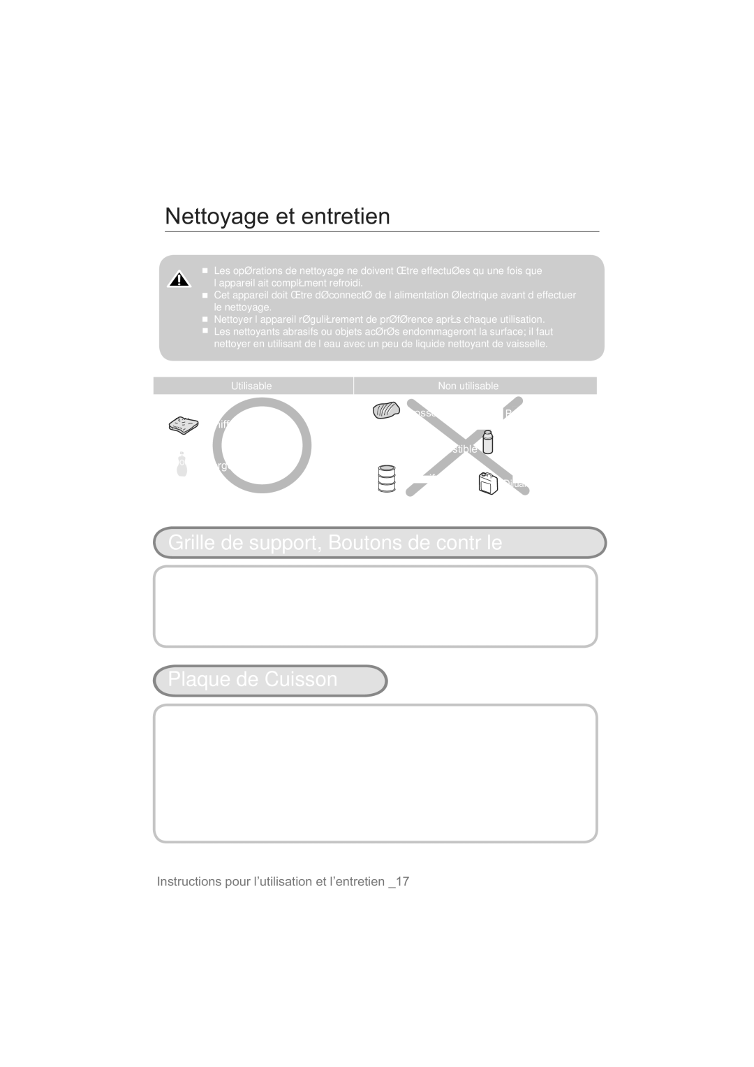 Samsung NA64H3110AS/EF manual Nettoyage et entretien, Utilisable Non utilisable 