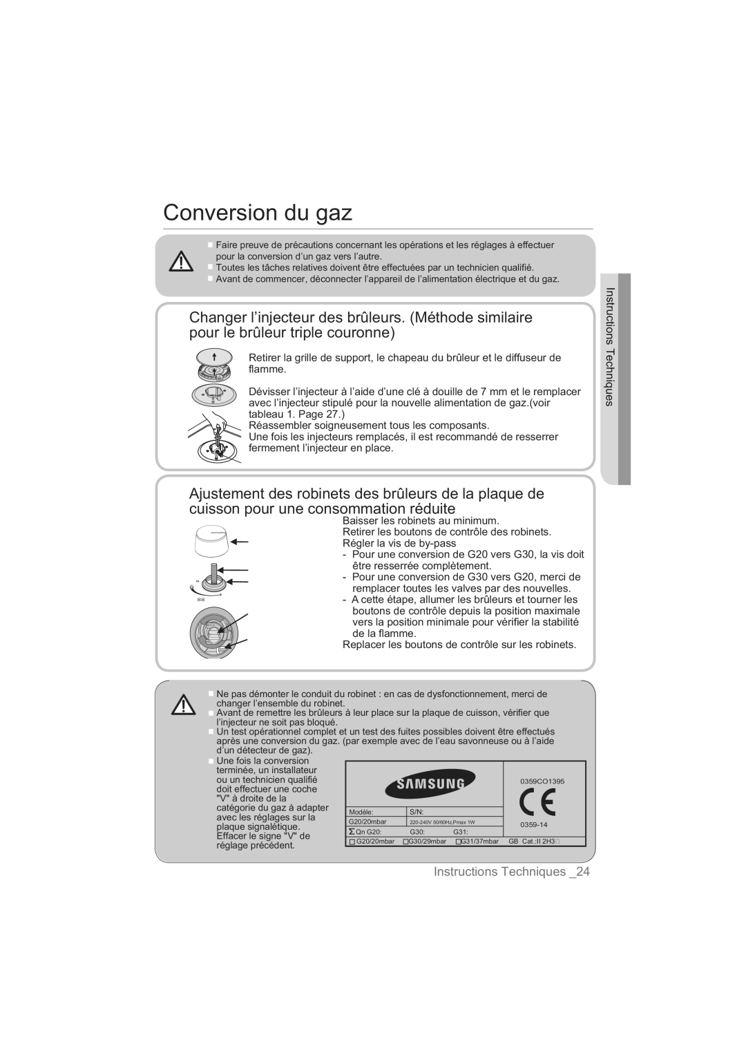 Samsung NA64H3110AS/EF manual Conversion du gaz, Cuisson pour une consommation réduite 