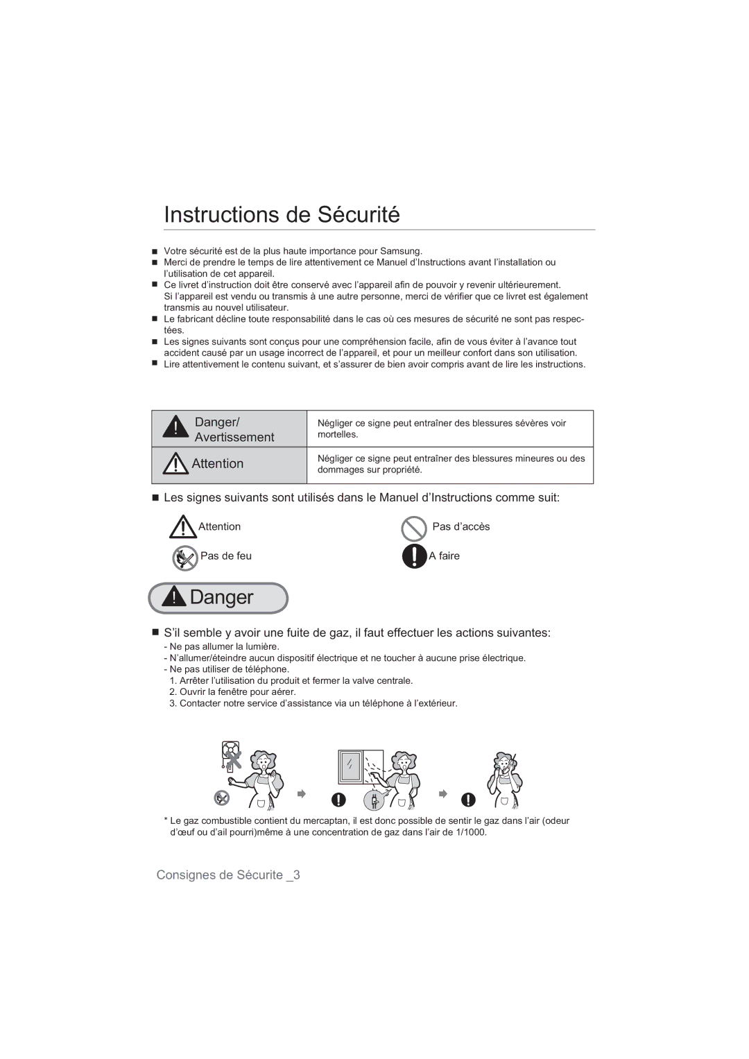 Samsung NA64H3110AS/EF manual Instructions de Sécurité, Avertissement 