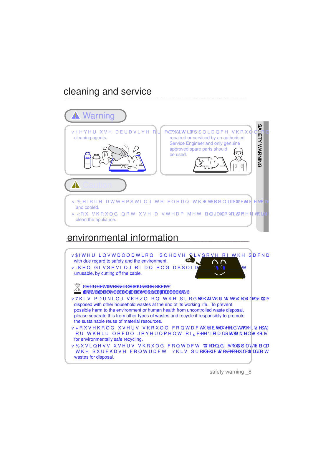 Samsung NA64H3110AS/EF manual Cleaning and service, Environmental information, 1HYHUXVHDEUDVLYHRUFDXVWLF 