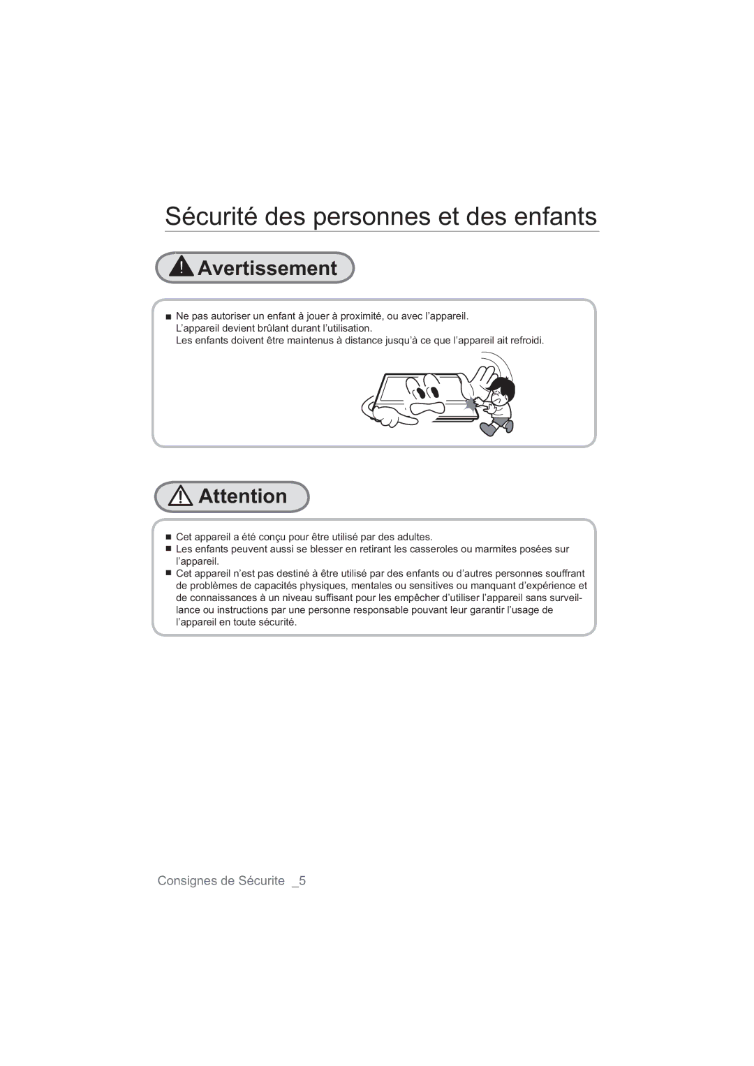 Samsung NA64H3110AS/EF manual Sécurité des personnes et des enfants 