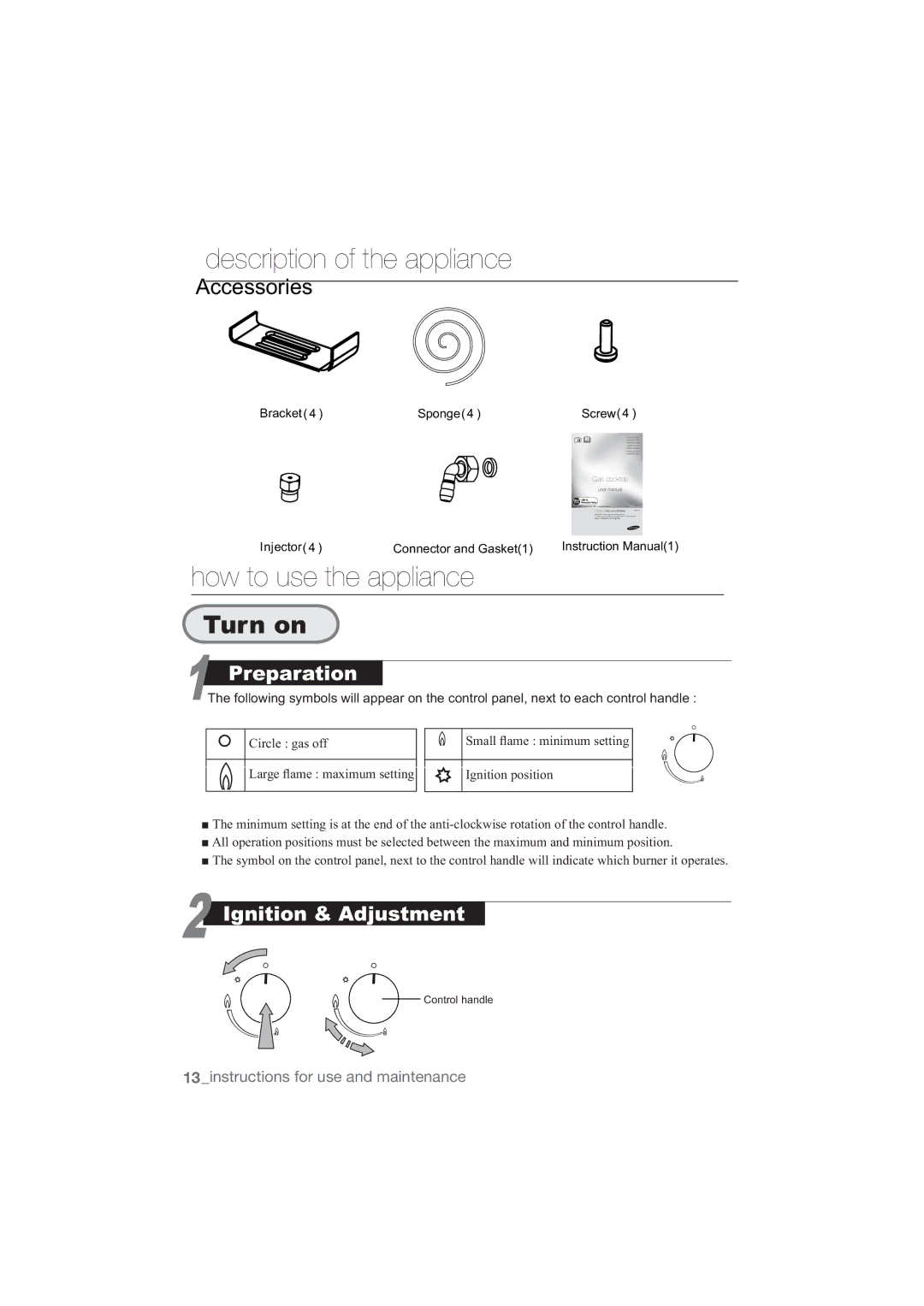 Samsung NA64H3110BS/EO, NA64H3110AS/EO How to use the appliance, DUJHÀDPHPDLPXPVHWWLQJ 6PDOOÀDPHPLQLPXPVHWWLQJ 