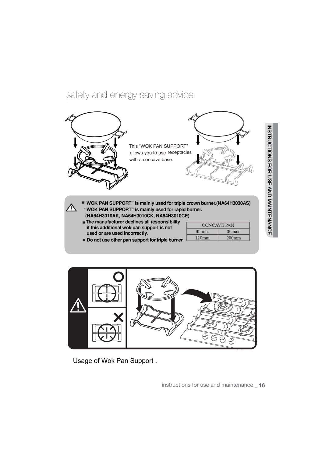 Samsung NA64H3010AK/EO, NA64H3110AS/EO, NA64H3010AS/EO, NA64H3010BS/EO, NA64H3110BS/EO manual Usage of Wok Pan Support 