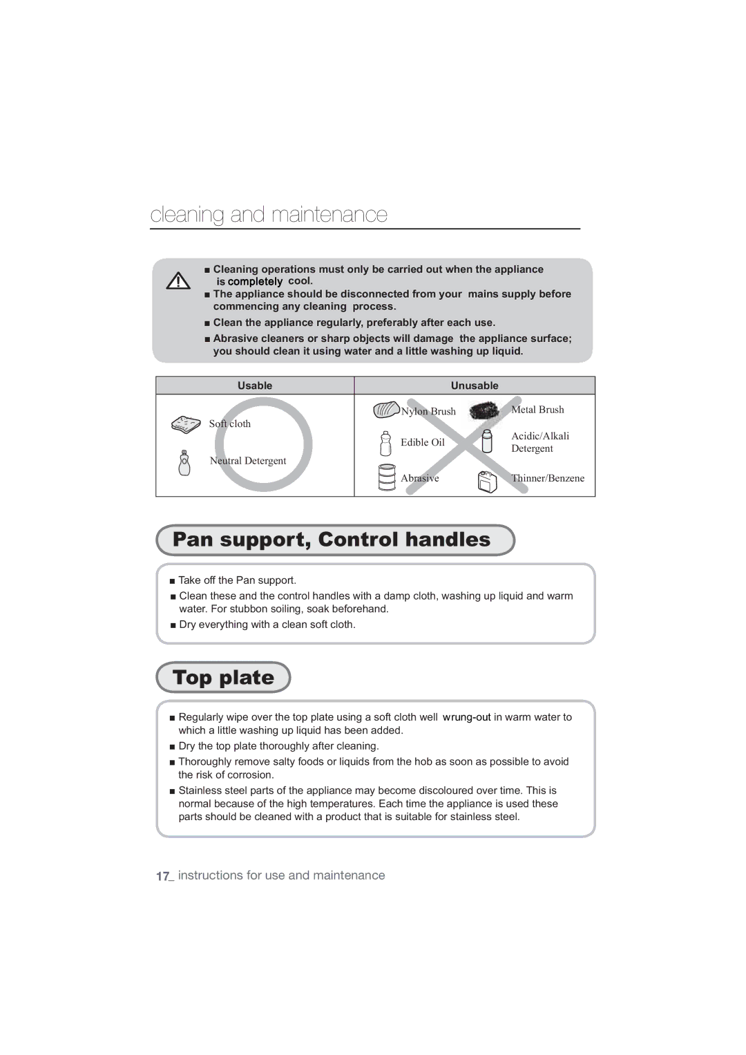 Samsung NA64H3010BS/EO, NA64H3110AS/EO manual Cleaning and maintenance, 8VDEOH 8QXVDEOH, 7DNHRIIWKH3DQVXSSRUW 