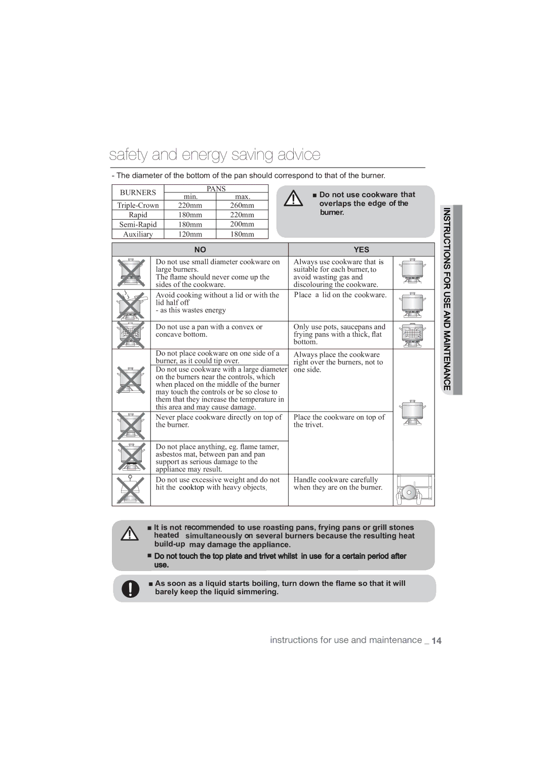 Samsung NA75J3030AS/ET, NA75M3130AS/ET manual Safety and energy saving advice, Burners 