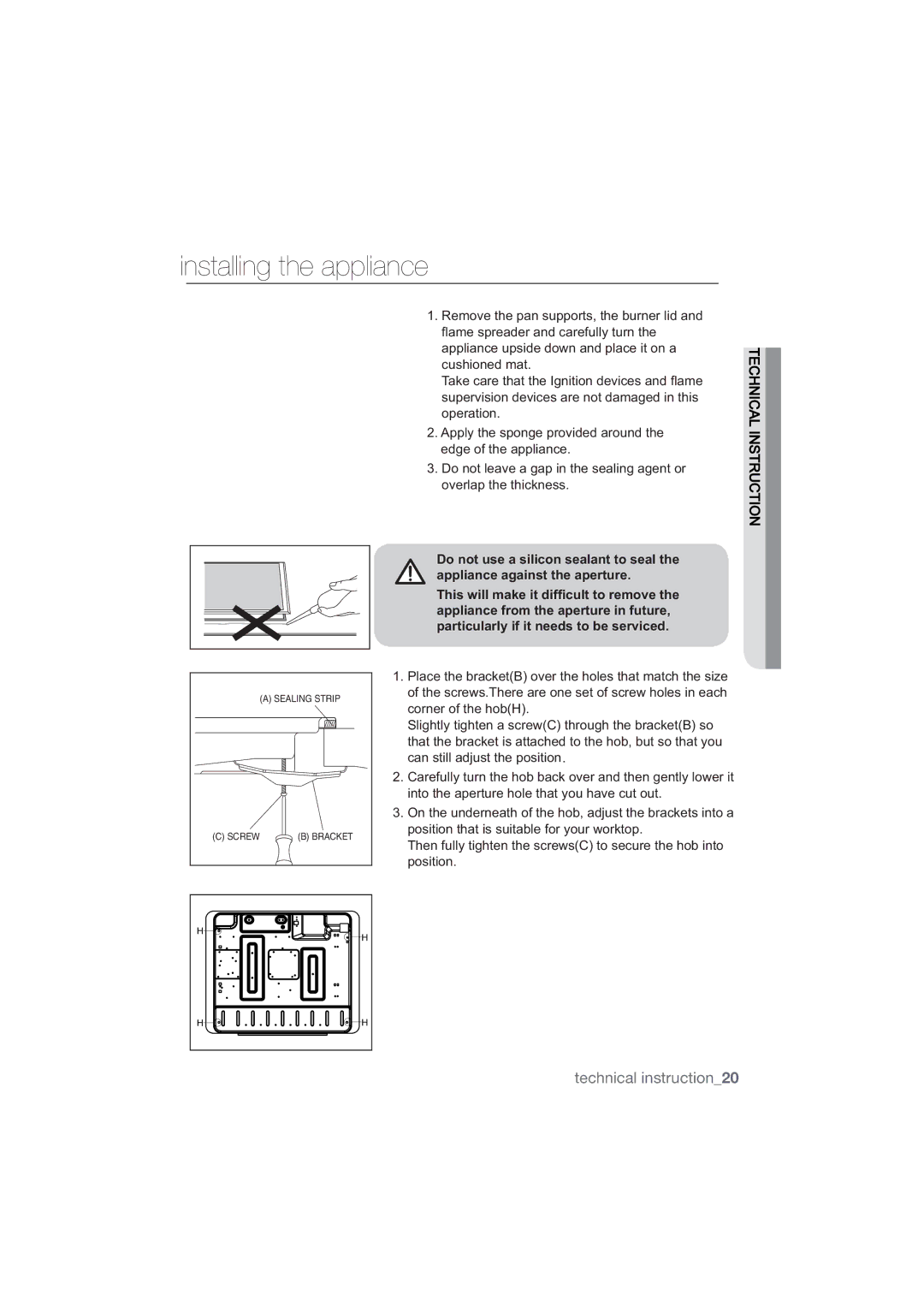 Samsung NA75J3030AS/ET, NA75M3130AS/ET manual Installing the appliance, 5HPRYHWKHSDQVXSSRUWVWKHEXUQHUOLGDQG 