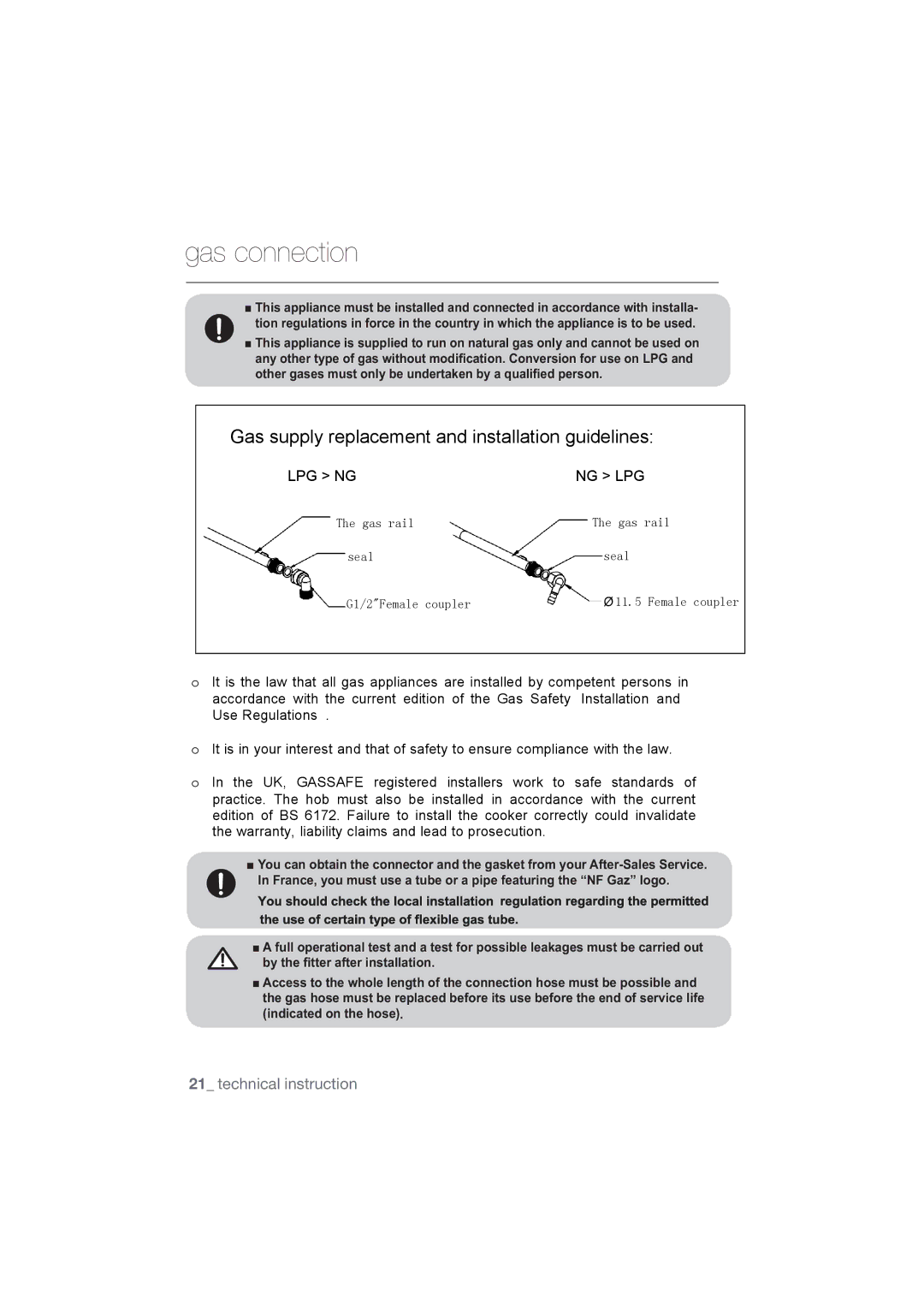 Samsung NA75M3130AS/ET, NA75J3030AS/ET manual Gas connection, Gas supply replacement and installation guidelines 