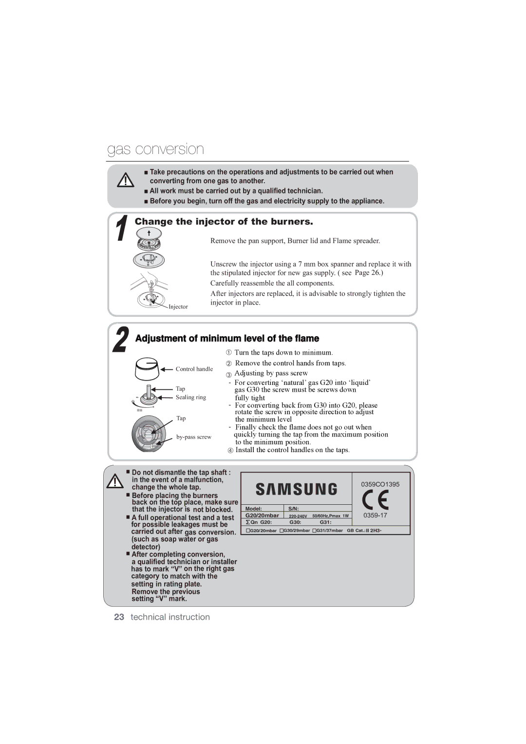 Samsung NA75M3130AS/ET, NA75J3030AS/ET manual Gas conversion, KdqjhWkhLqmhfwruRiWkhExuqhuv 