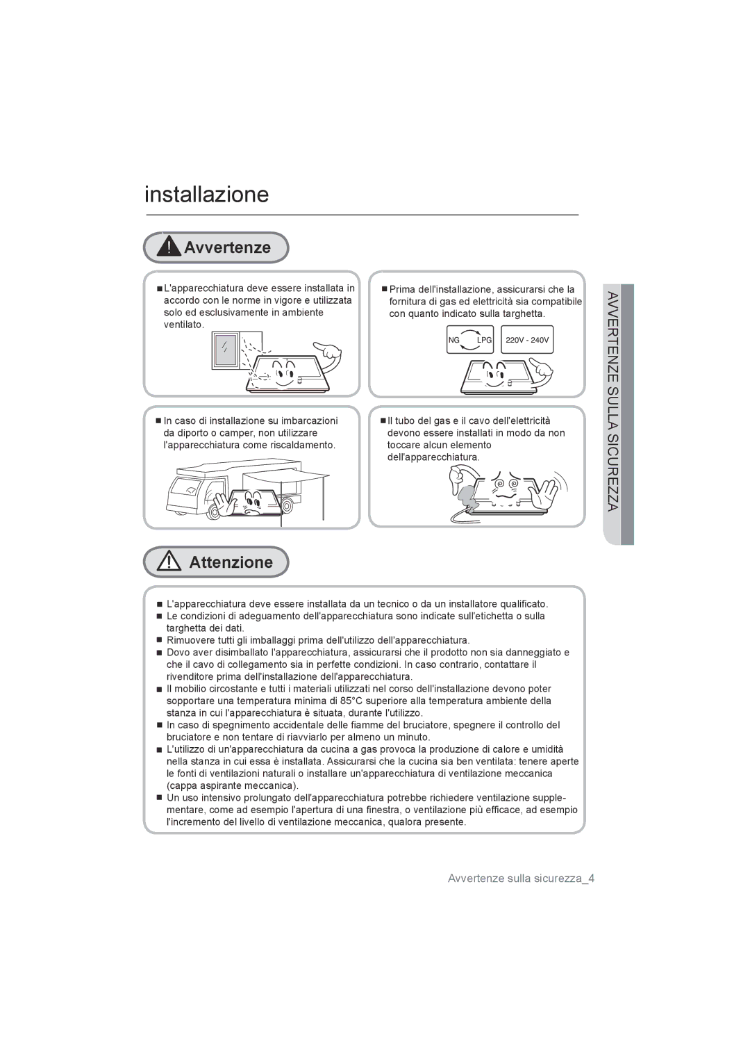 Samsung NA75J3030AS/ET, NA75M3130AS/ET manual Installazione, Avvertenze 