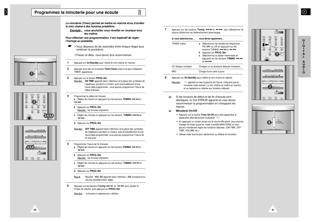 Samsung NACP50RH/ELS Programmez la minuterie pour une écoute, Minuterie On/Off, Si vous sélectionnez Vous devez également 